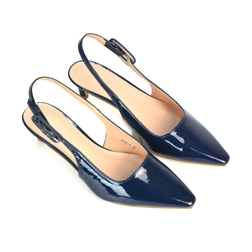 Kelly Low Kitten Heel Slingback Pointed Toe Court Shoes in Navy Patent