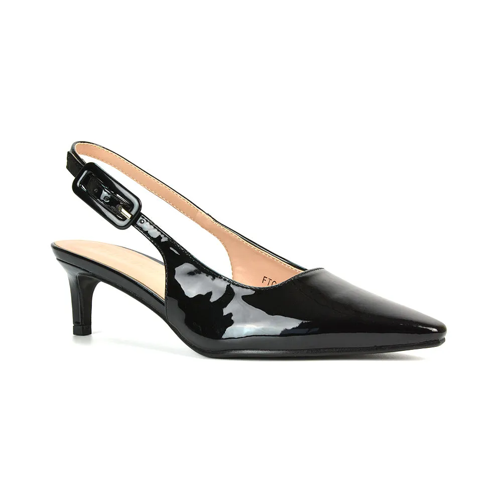 Kelly Low Kitten Heel Slingback Pointed Toe Court Shoes in Navy Patent