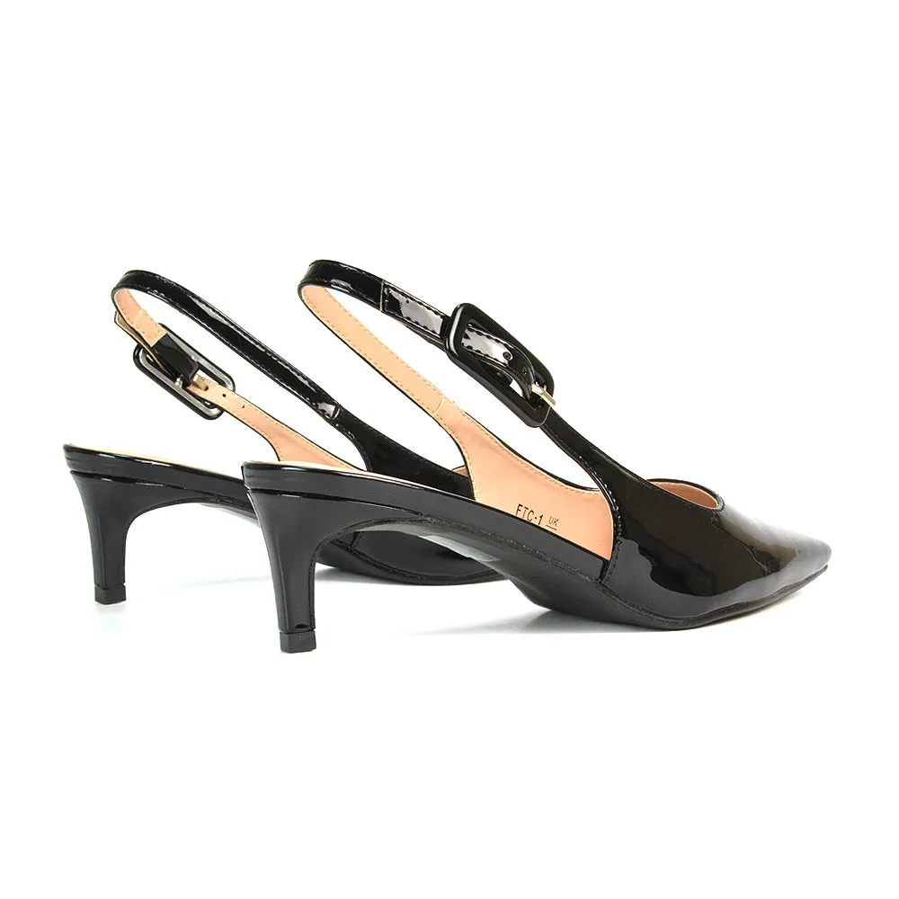 Kelly Low Kitten Heel Slingback Pointed Toe Court Shoes in Navy Patent