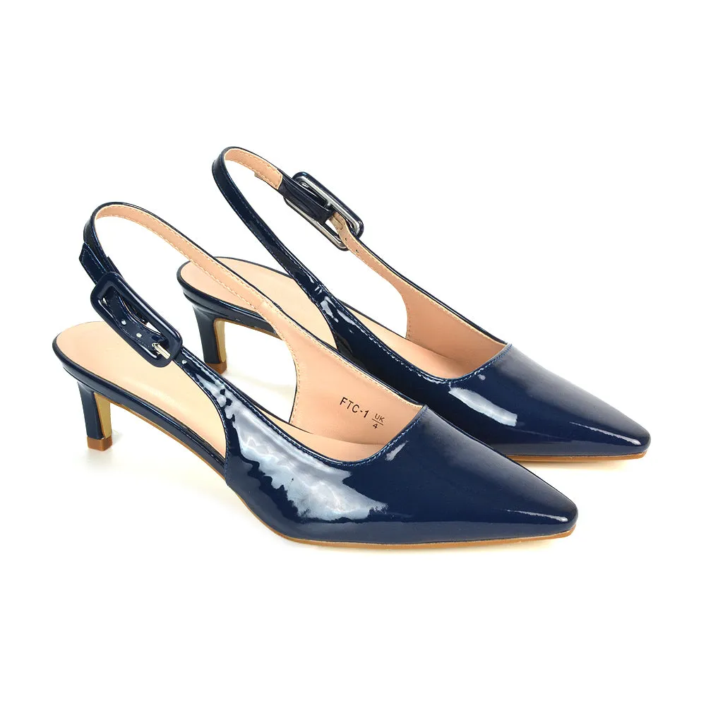 Kelly Low Kitten Heel Slingback Pointed Toe Court Shoes in Navy Patent