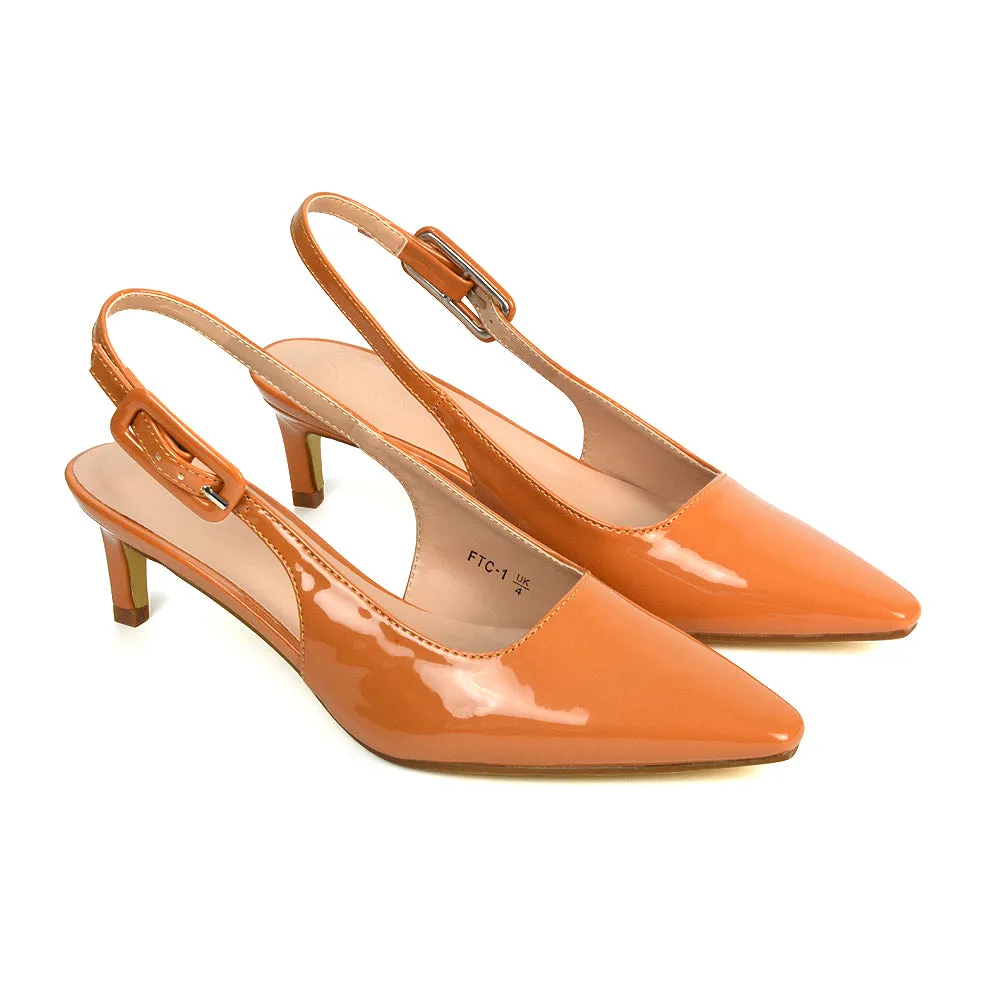 Kelly Low Kitten Heel Slingback Pointed Toe Court Shoes in Navy Patent