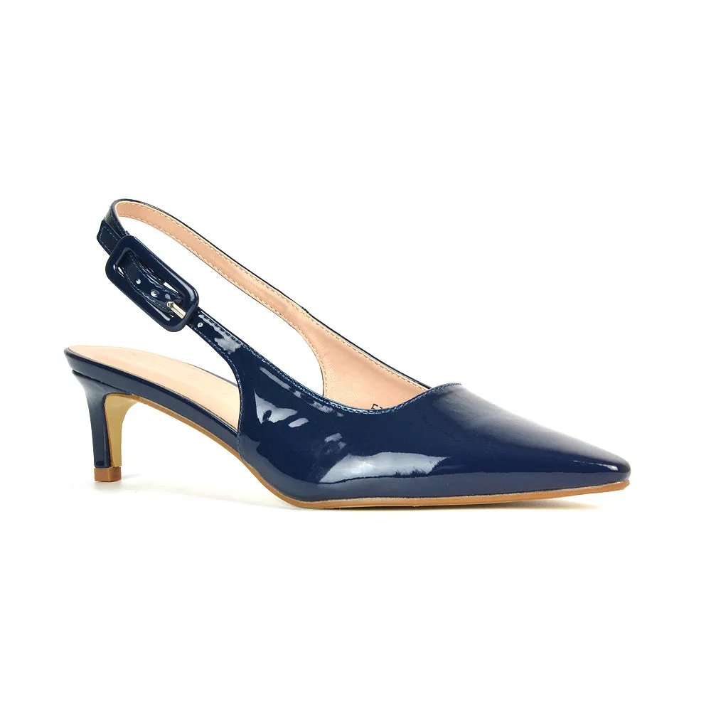 Kelly Low Kitten Heel Slingback Pointed Toe Court Shoes in Navy Patent