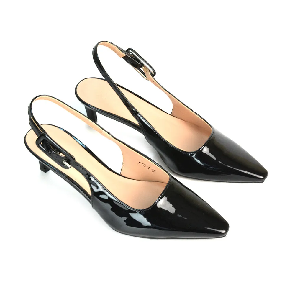 Kelly Low Kitten Heel Slingback Pointed Toe Court Shoes in Navy Patent