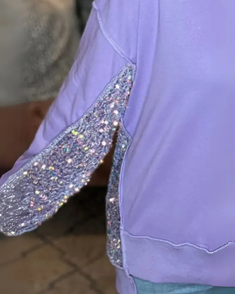 LAREI - Sequin Half Button Long Sleeve Sweatshirt