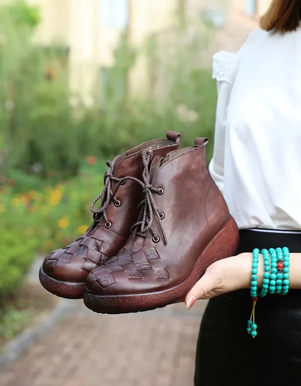 Leather Woven Lace-up Retro Platform Winter Boots