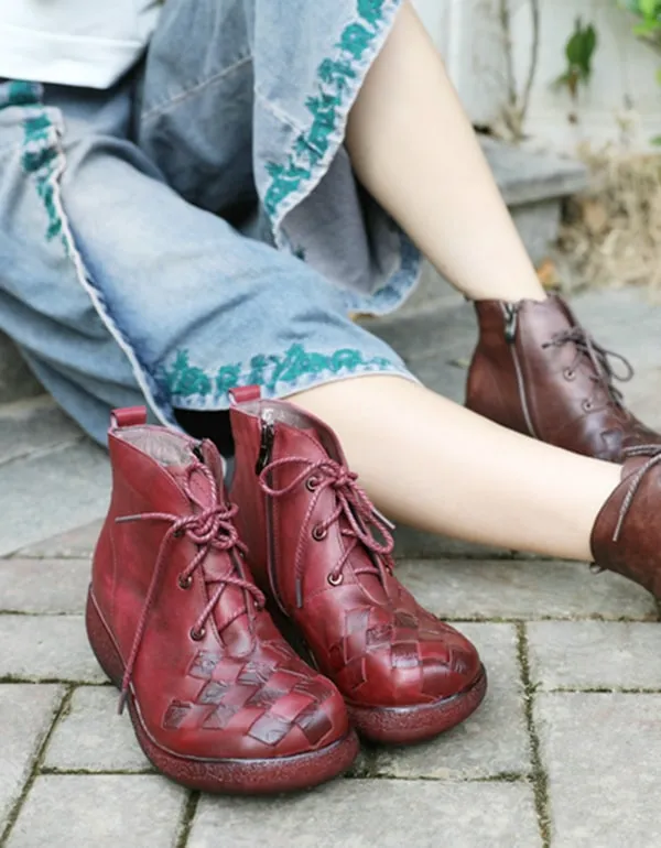 Leather Woven Lace-up Retro Platform Winter Boots
