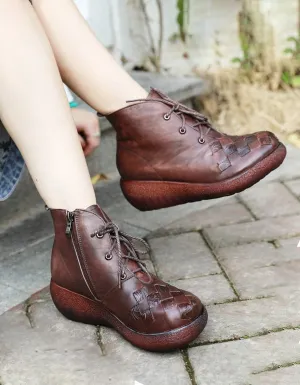 Leather Woven Lace-up Retro Platform Winter Boots