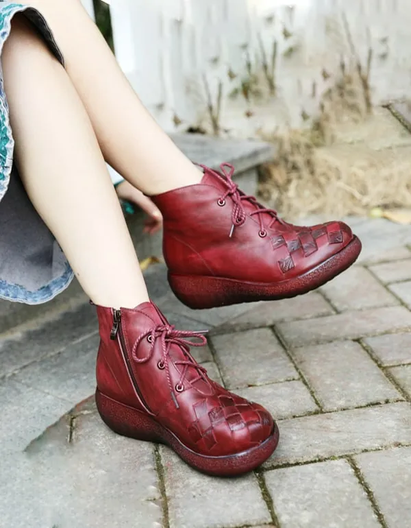 Leather Woven Lace-up Retro Platform Winter Boots