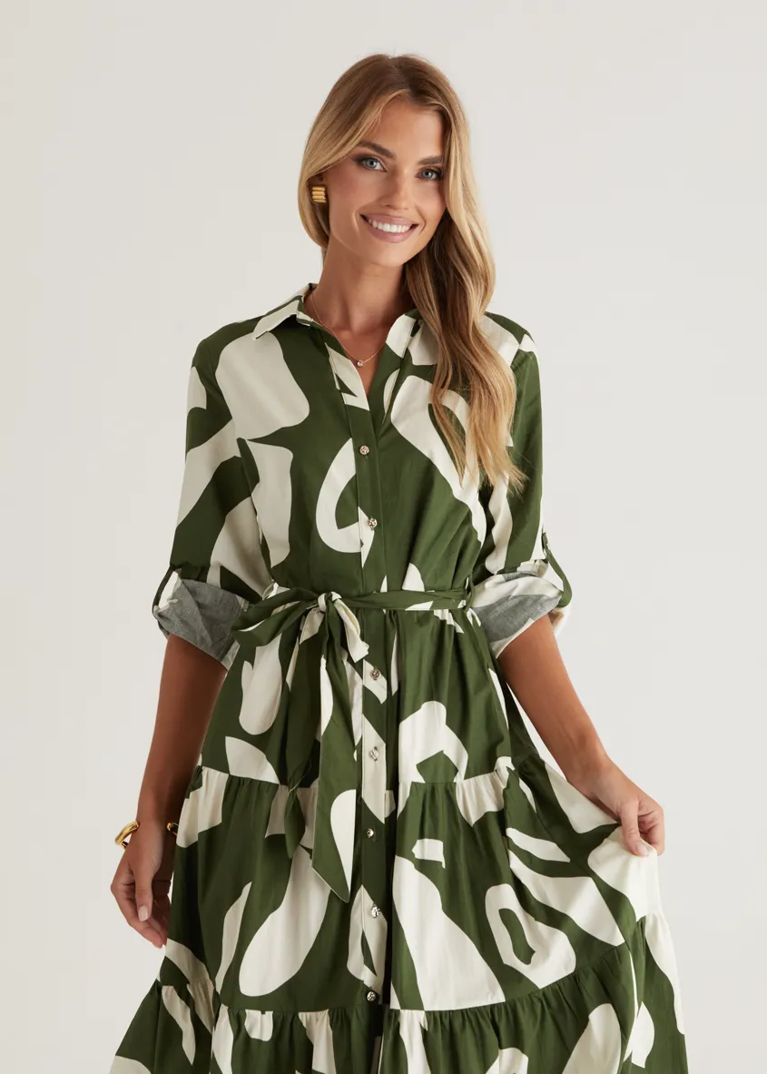 Maybelle Midi Dress - Khaki Leaf