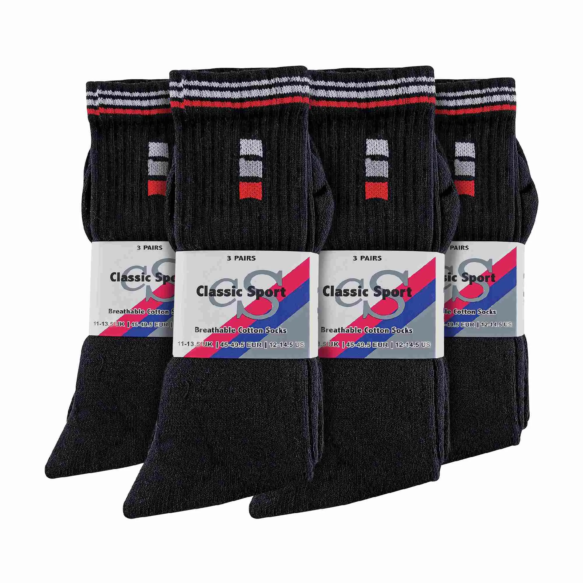Mens Retro Stripe Cotton Sports Socks in White & Black (Multipack Options)