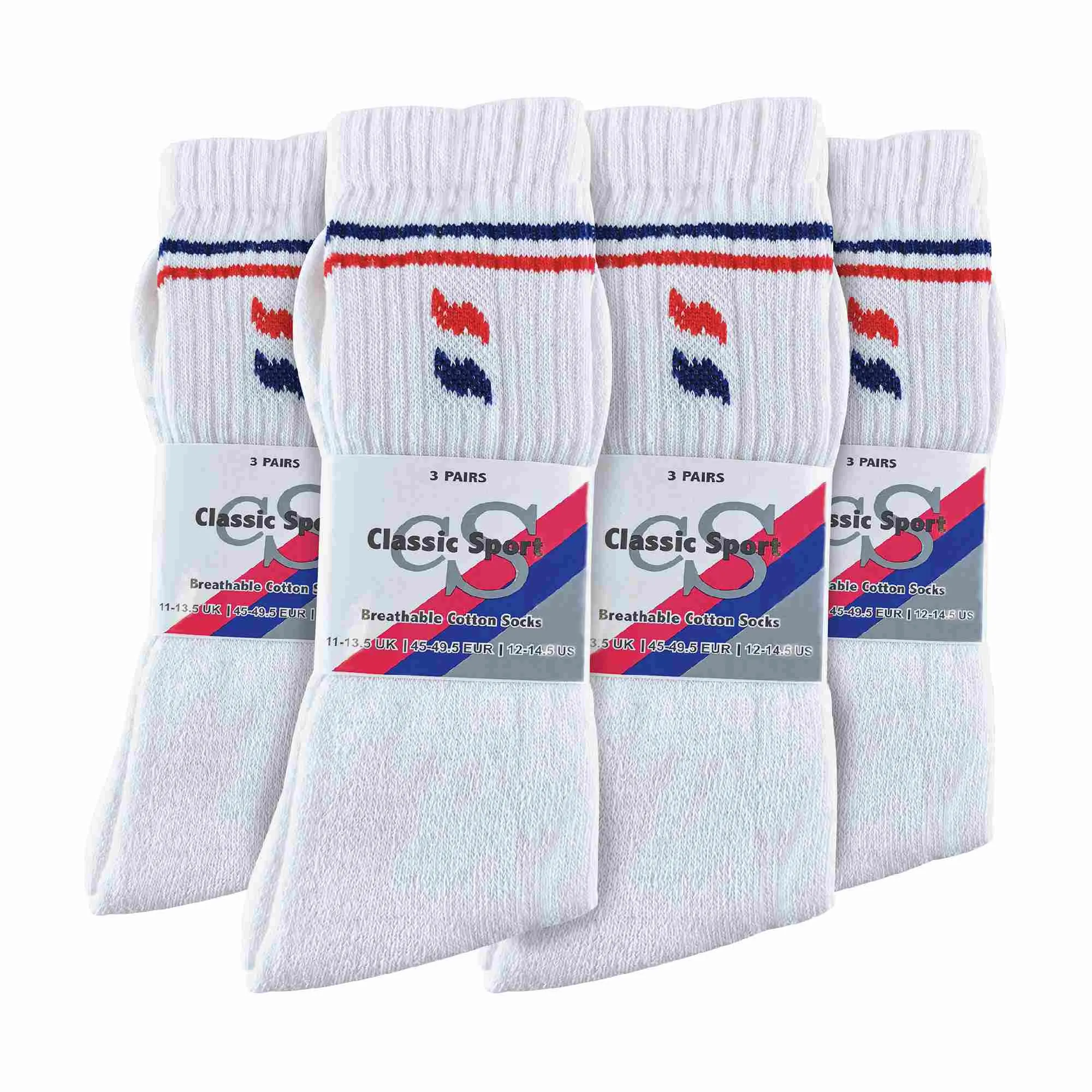 Mens Retro Stripe Cotton Sports Socks in White & Black (Multipack Options)