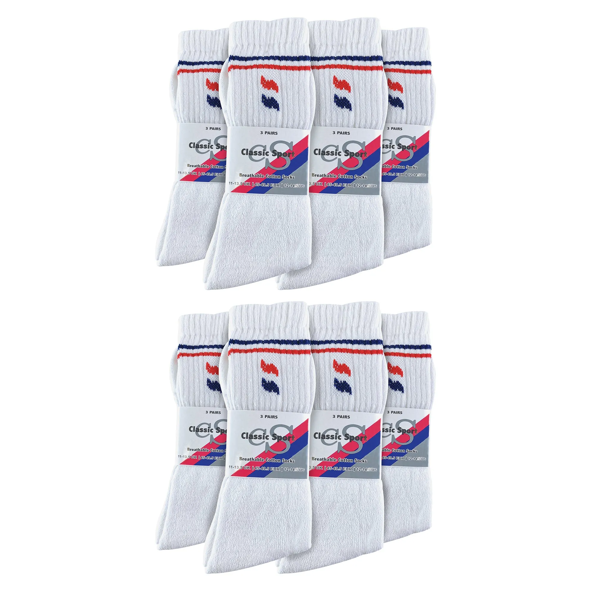 Mens Retro Stripe Cotton Sports Socks in White & Black (Multipack Options)