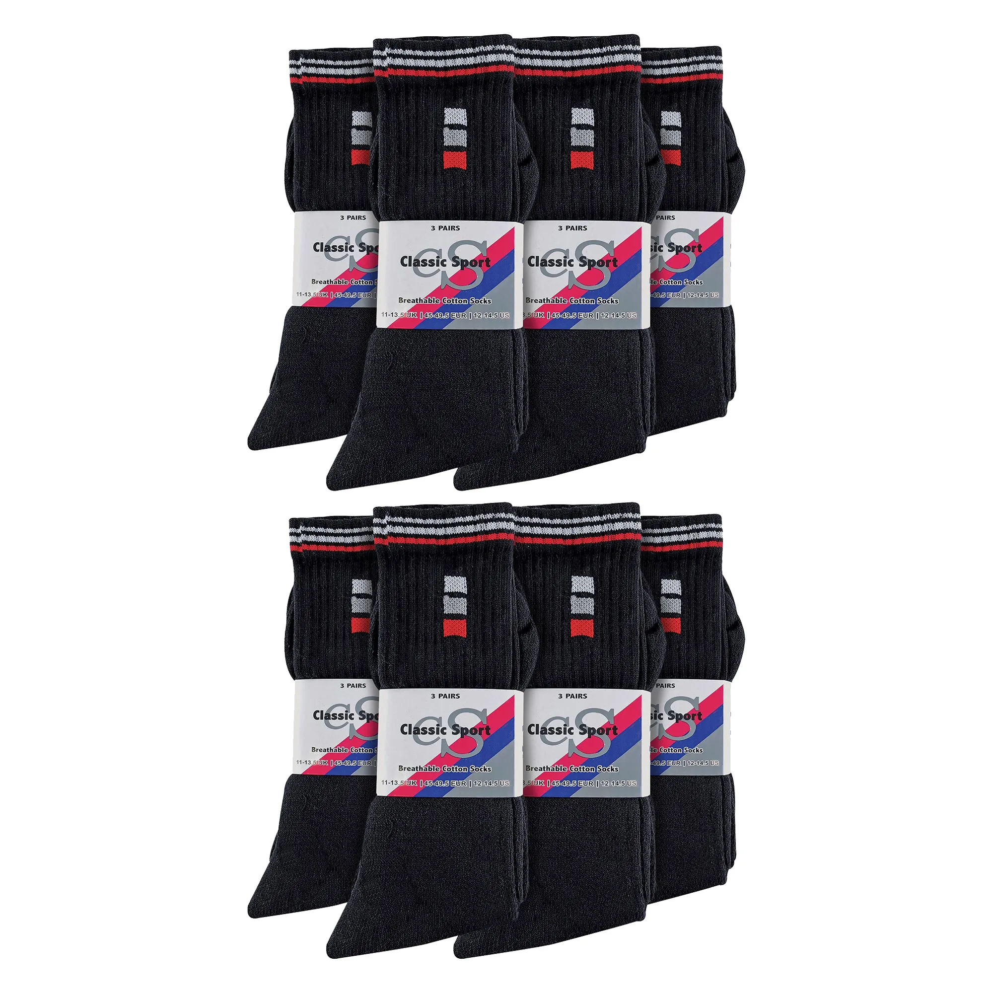 Mens Retro Stripe Cotton Sports Socks in White & Black (Multipack Options)
