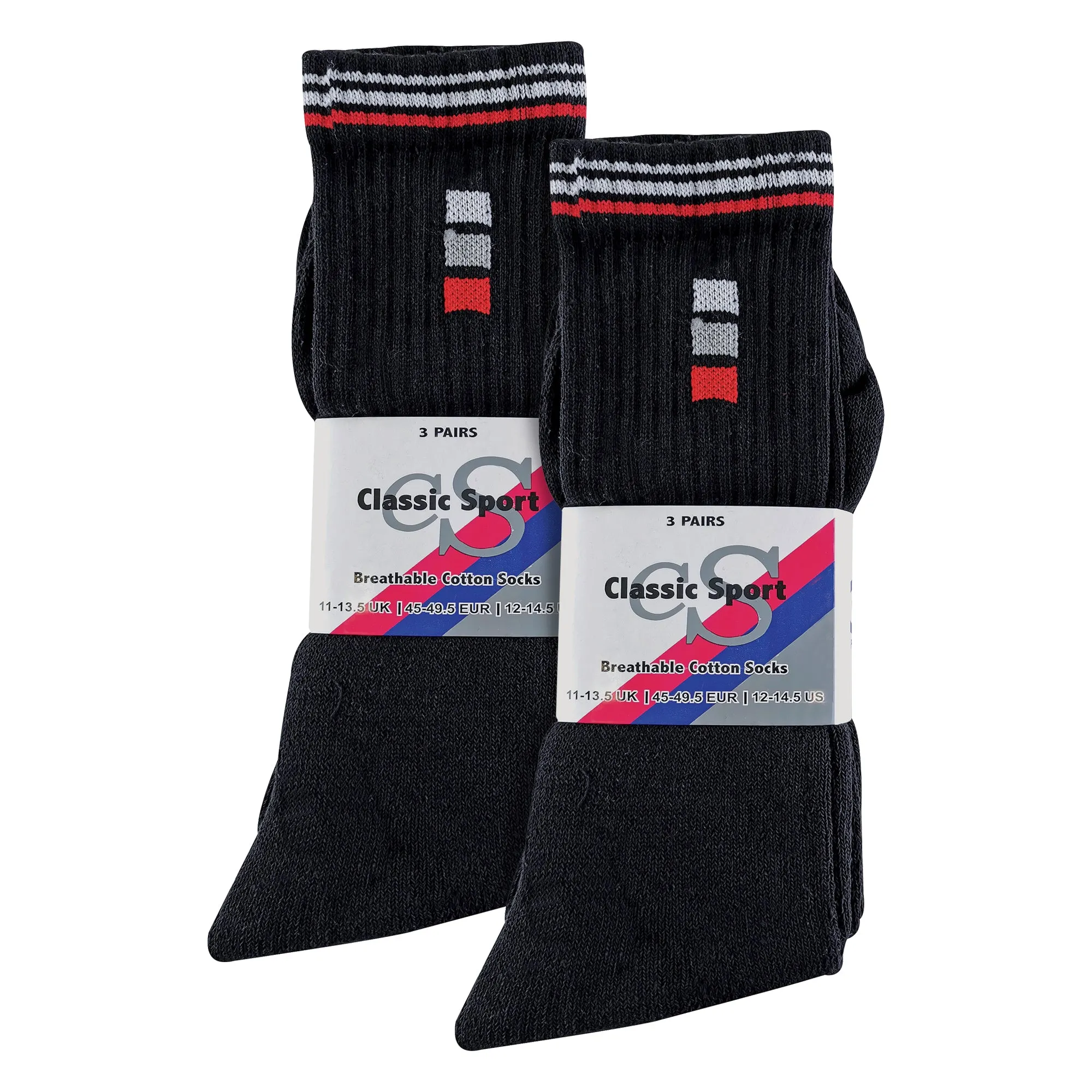 Mens Retro Stripe Cotton Sports Socks in White & Black (Multipack Options)