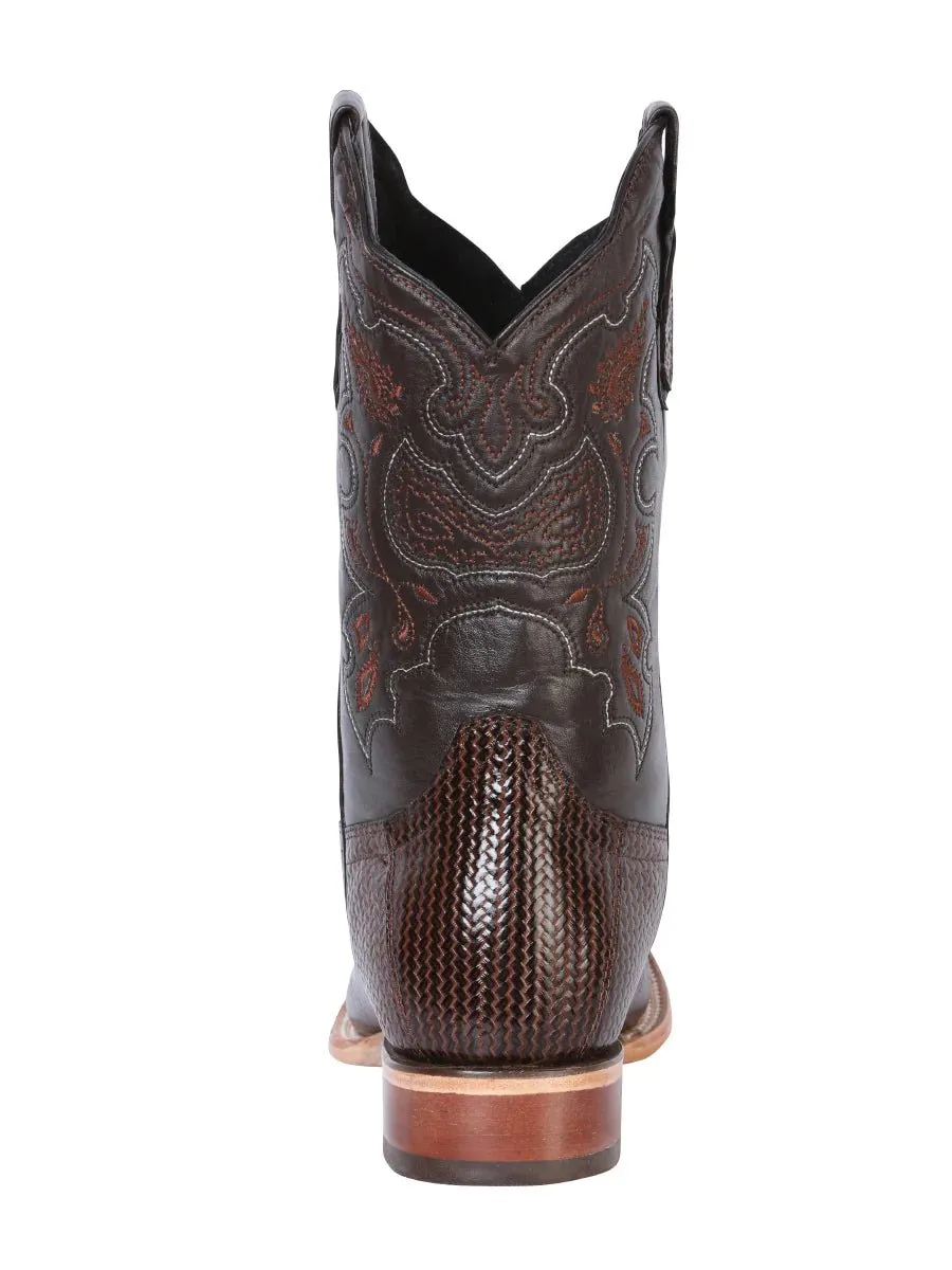 Men's Woven Print Leather Classic Western Cowboy Boots 'El General' Brown Color 41791