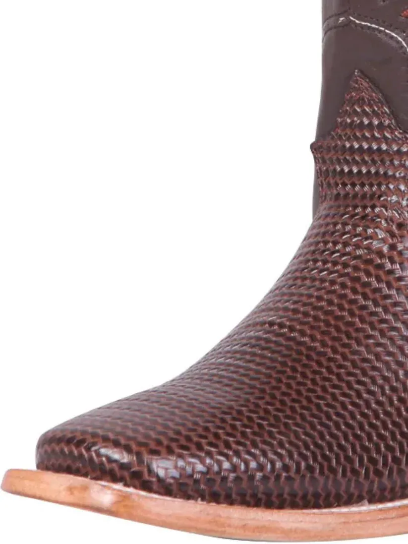 Men's Woven Print Leather Classic Western Cowboy Boots 'El General' Brown Color 41791