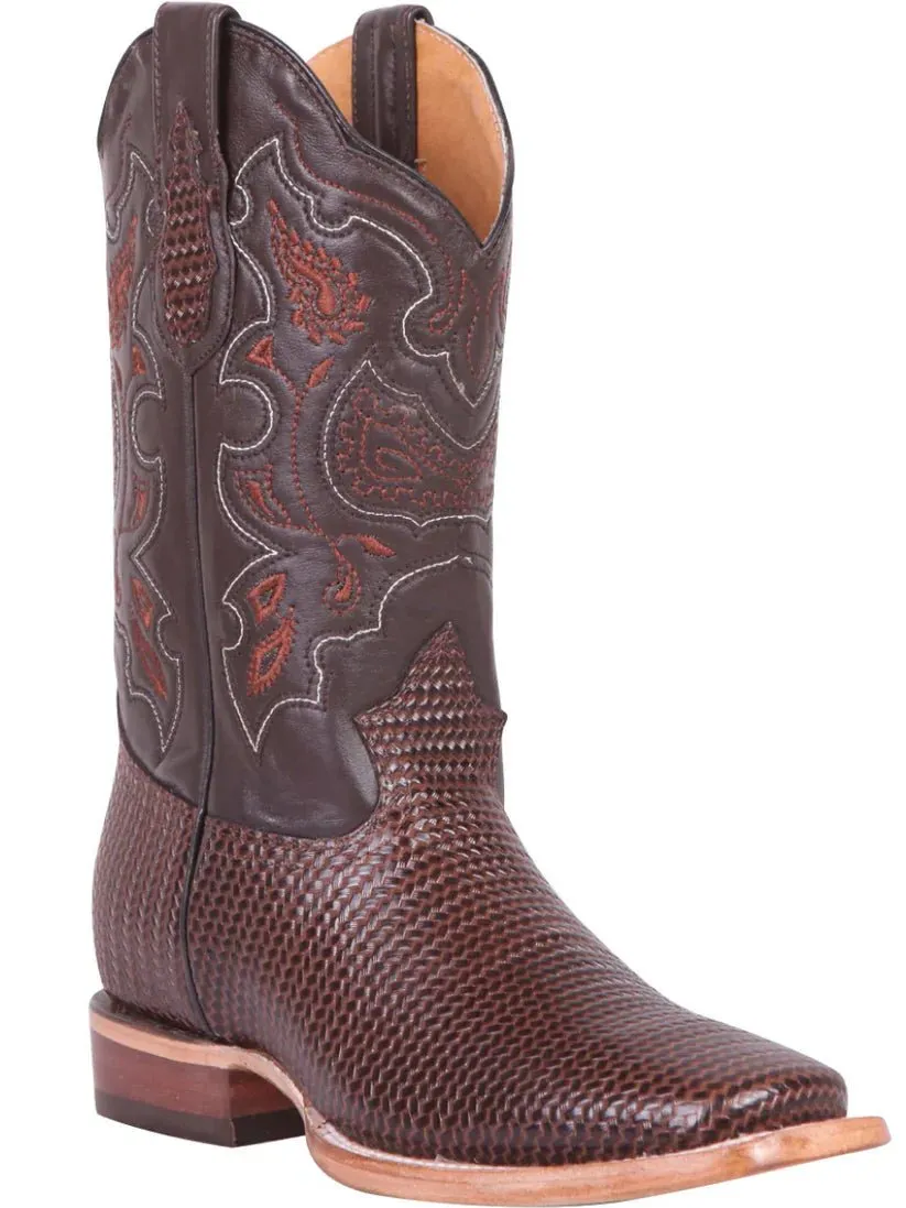 Men's Woven Print Leather Classic Western Cowboy Boots 'El General' Brown Color 41791