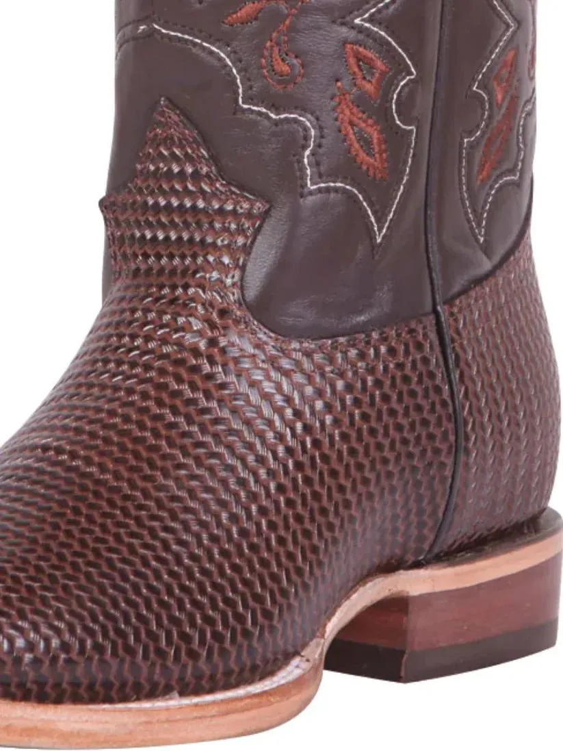 Men's Woven Print Leather Classic Western Cowboy Boots 'El General' Brown Color 41791