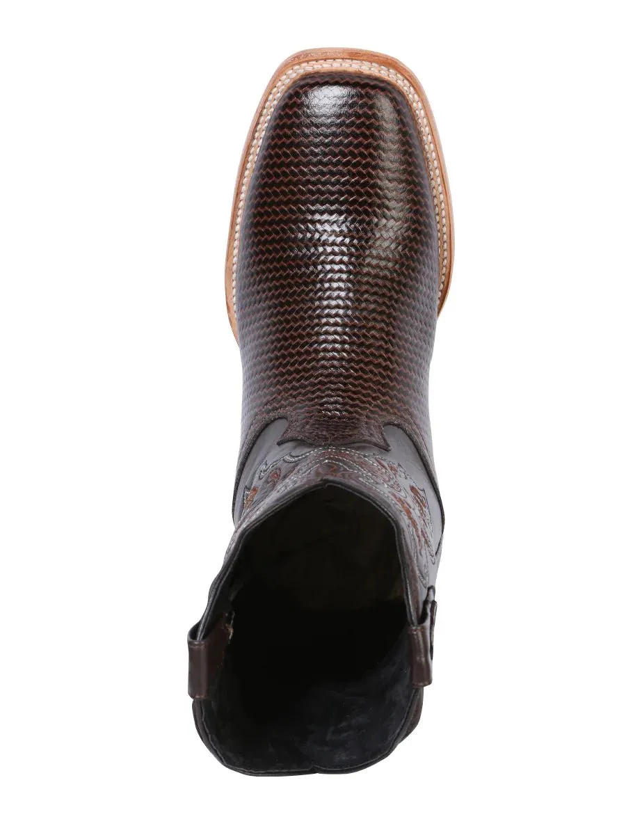 Men's Woven Print Leather Classic Western Cowboy Boots 'El General' Brown Color 41791