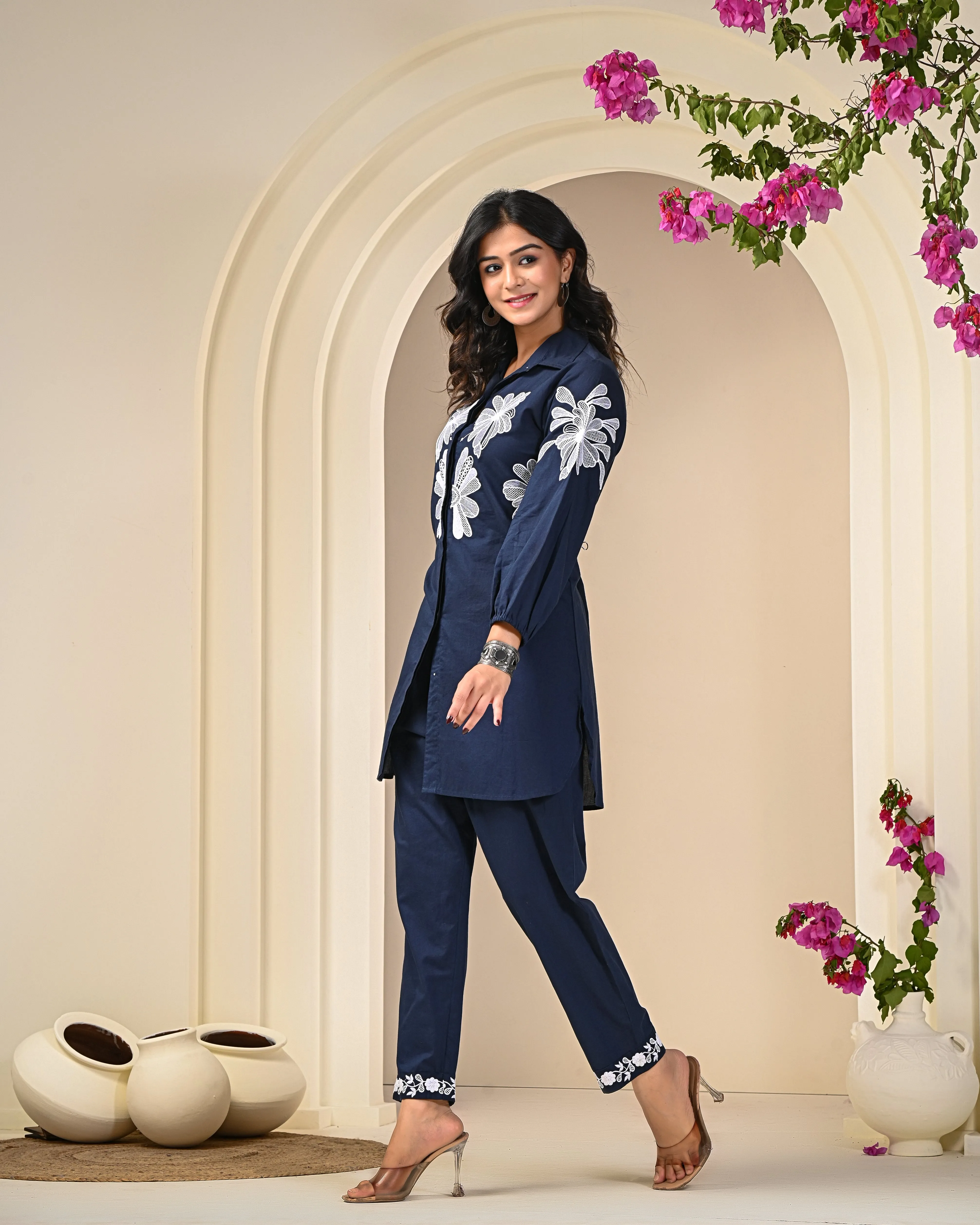 Navy Blue Shirt Pattern Co-ord Set