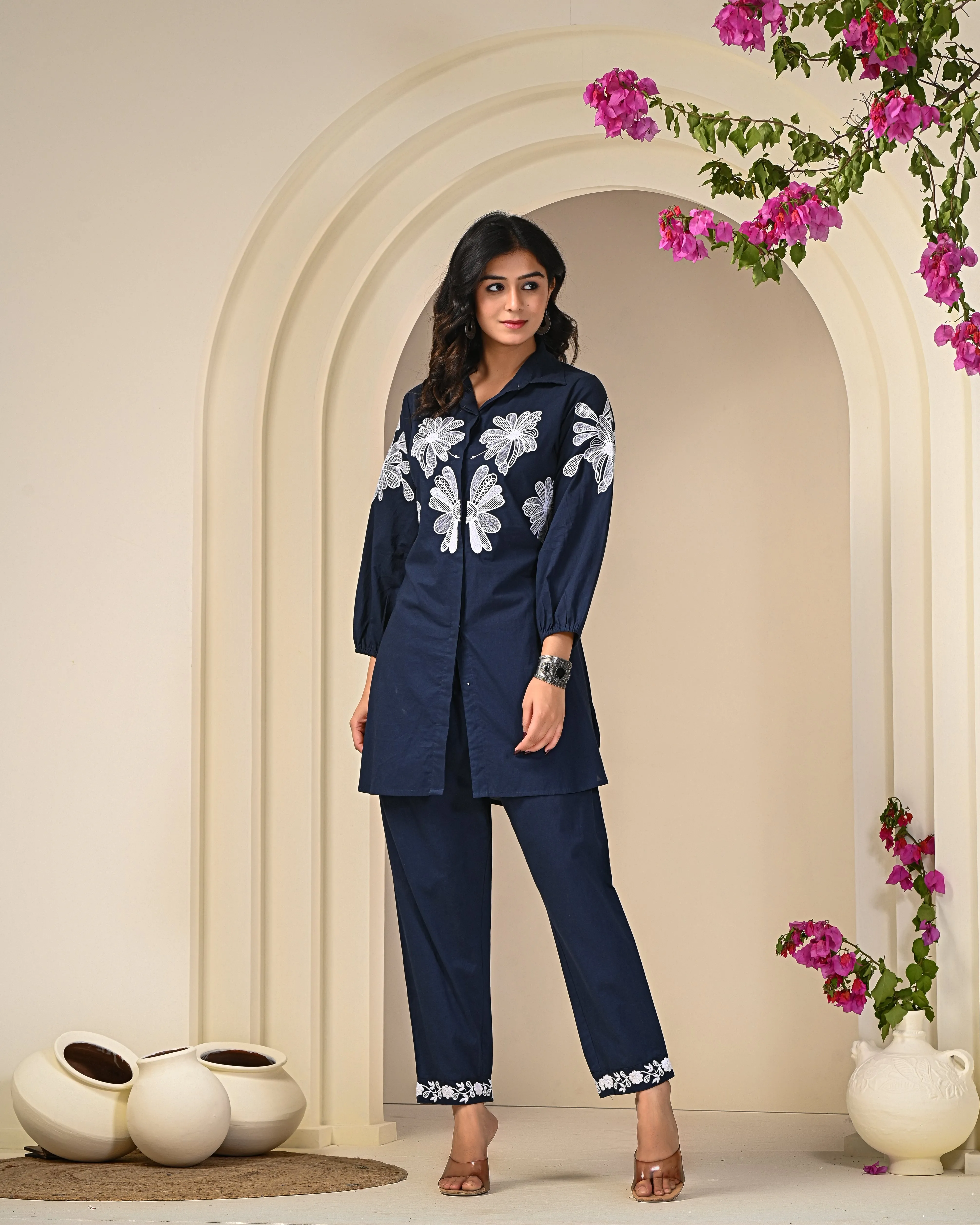 Navy Blue Shirt Pattern Co-ord Set