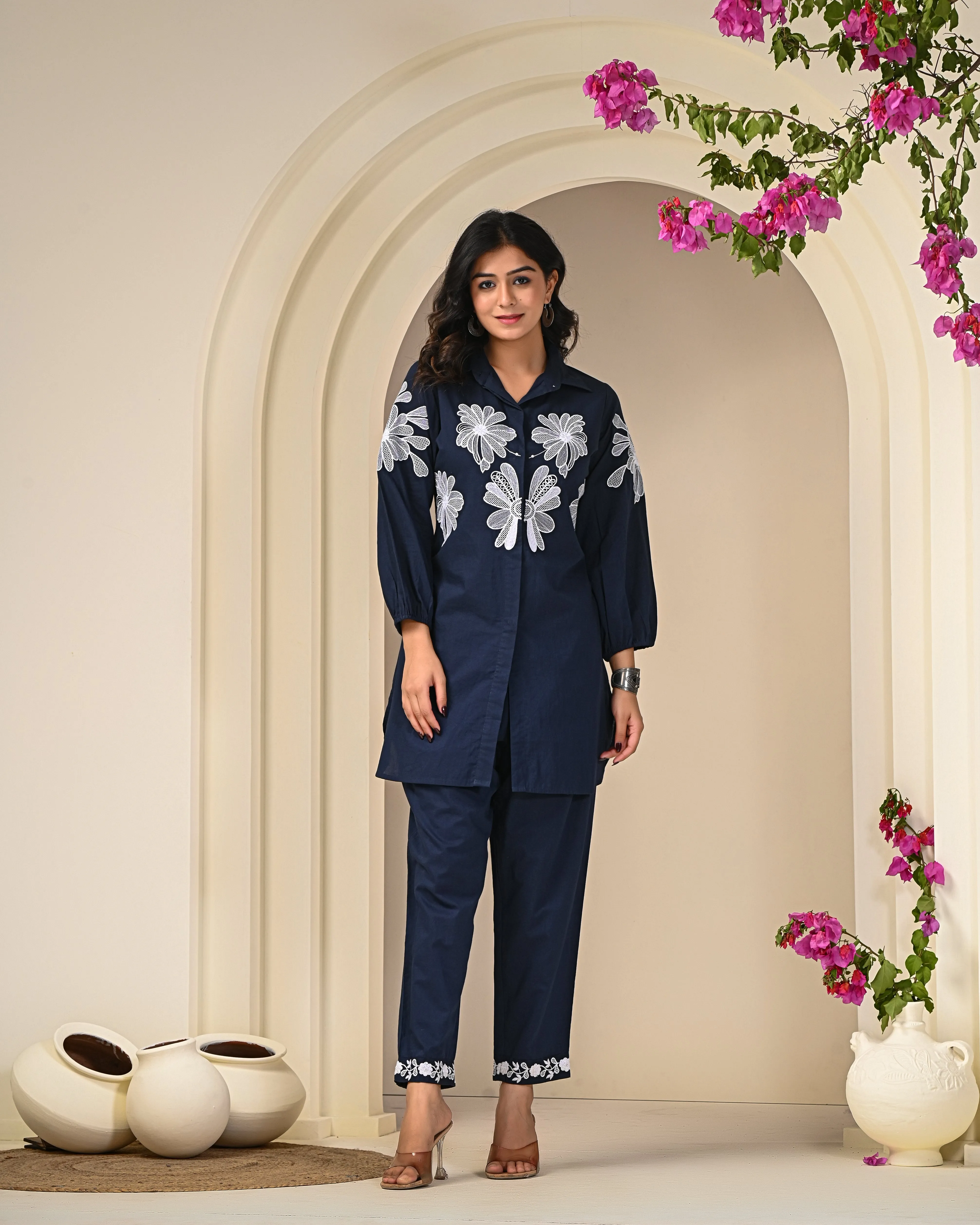 Navy Blue Shirt Pattern Co-ord Set