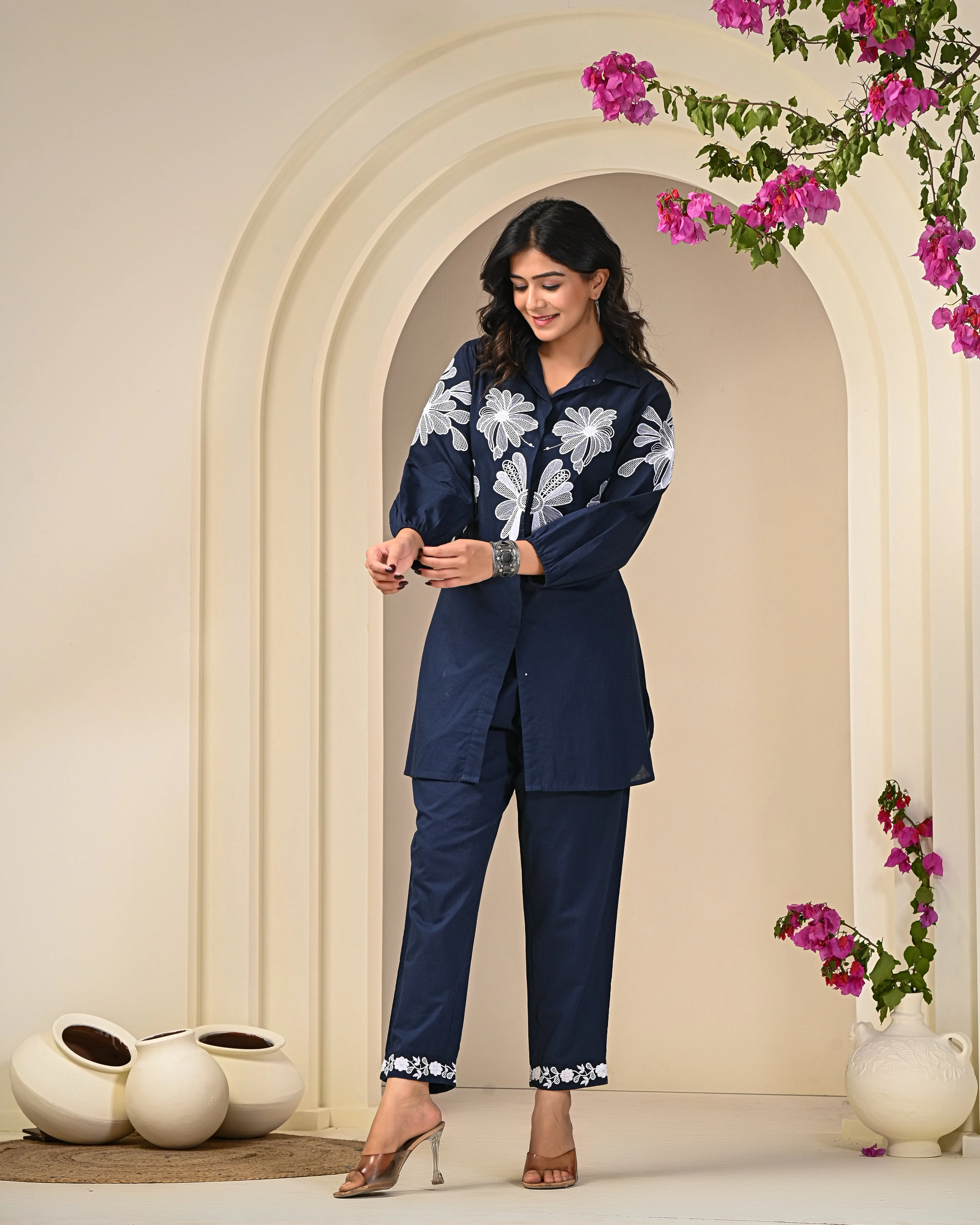 Navy Blue Shirt Pattern Co-ord Set