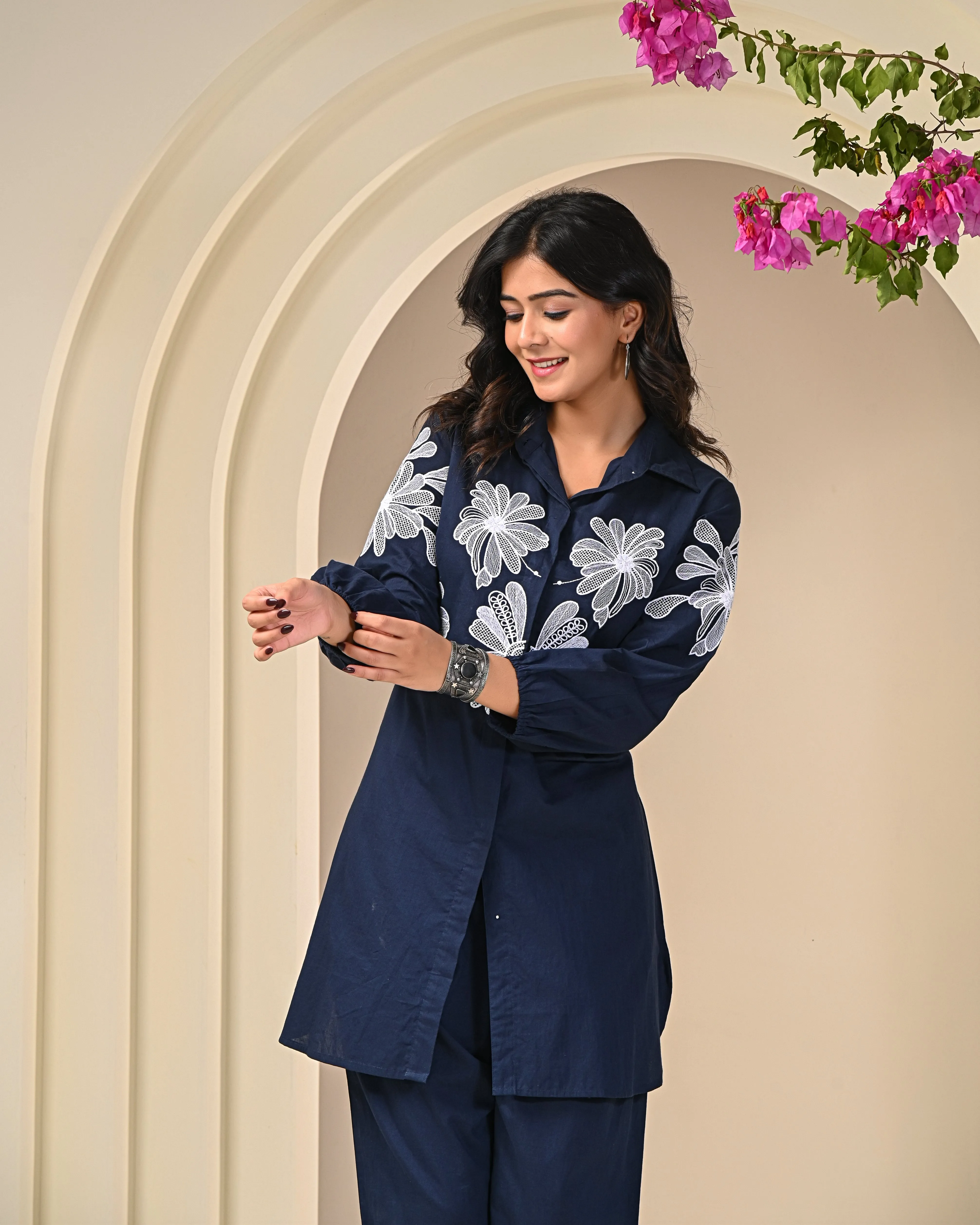 Navy Blue Shirt Pattern Co-ord Set