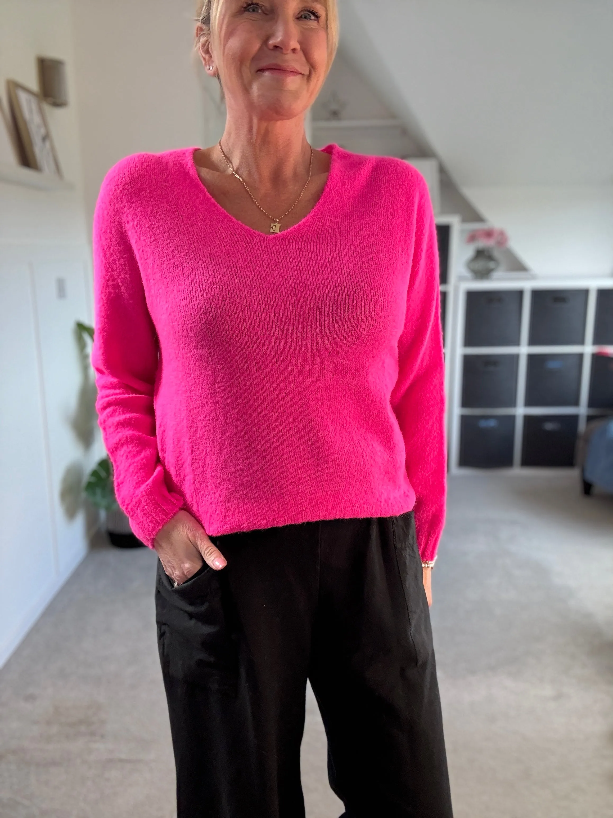 Neon Pink V Neck Fluffy Jumper