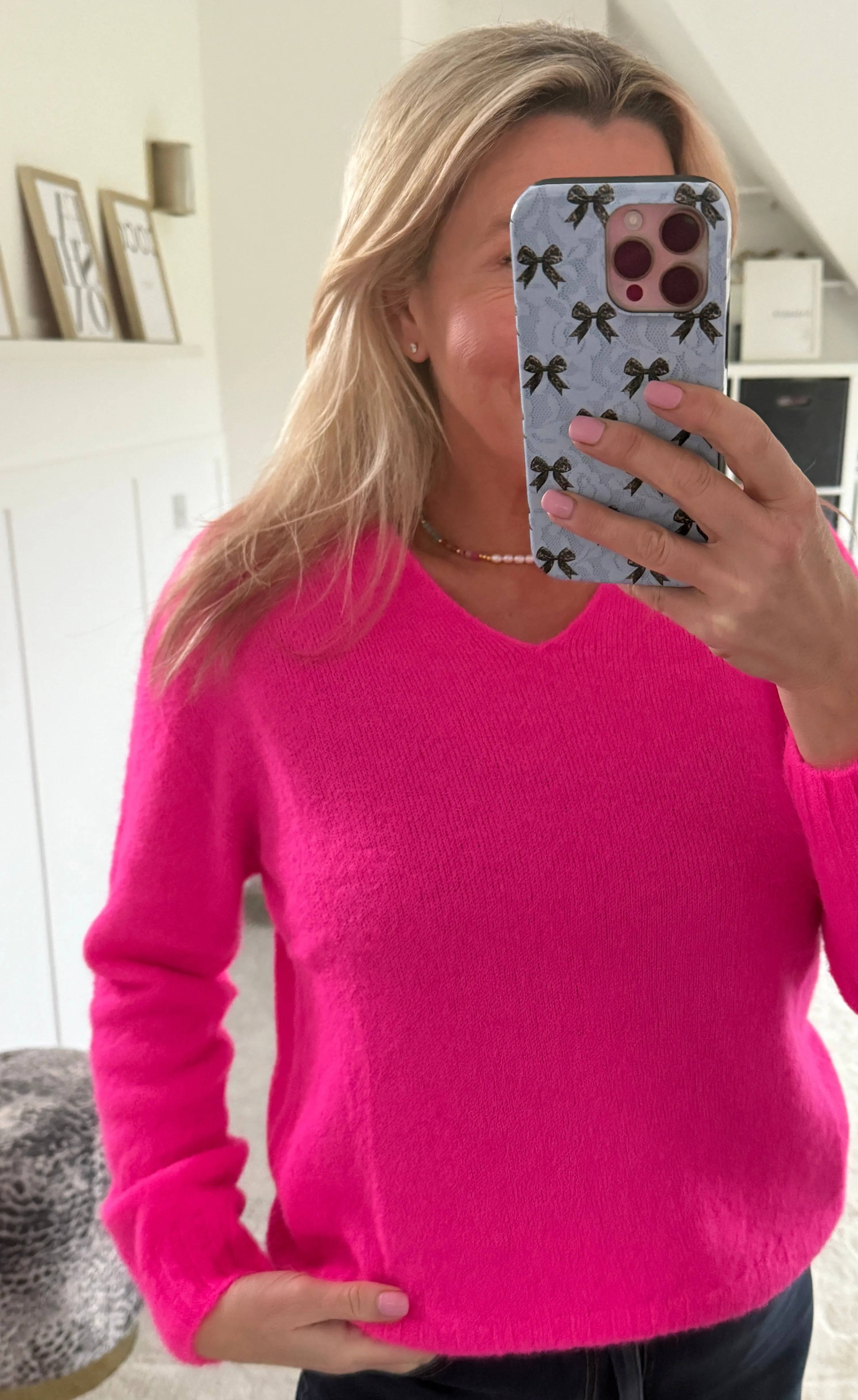 Neon Pink V Neck Fluffy Jumper