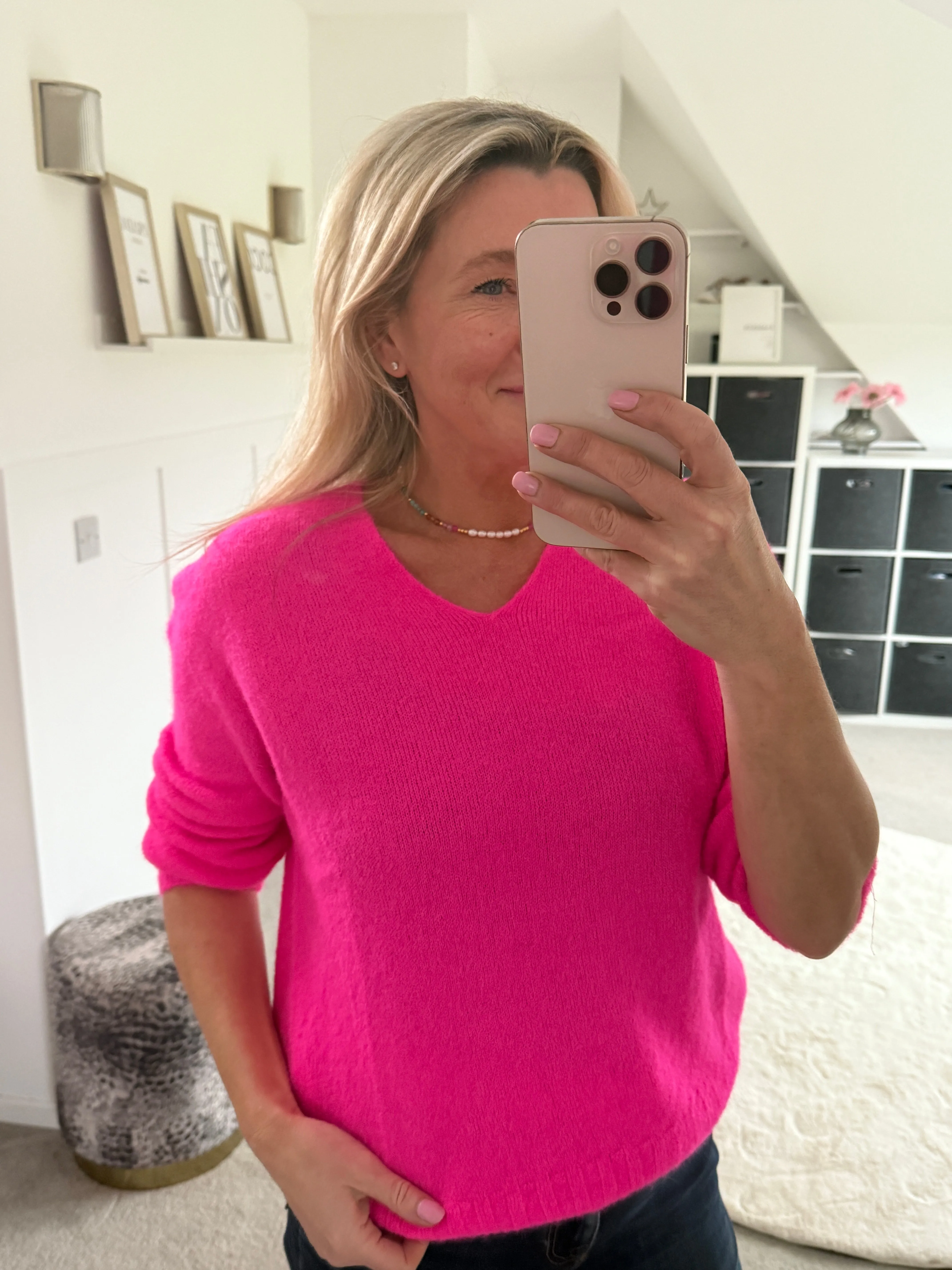 Neon Pink V Neck Fluffy Jumper