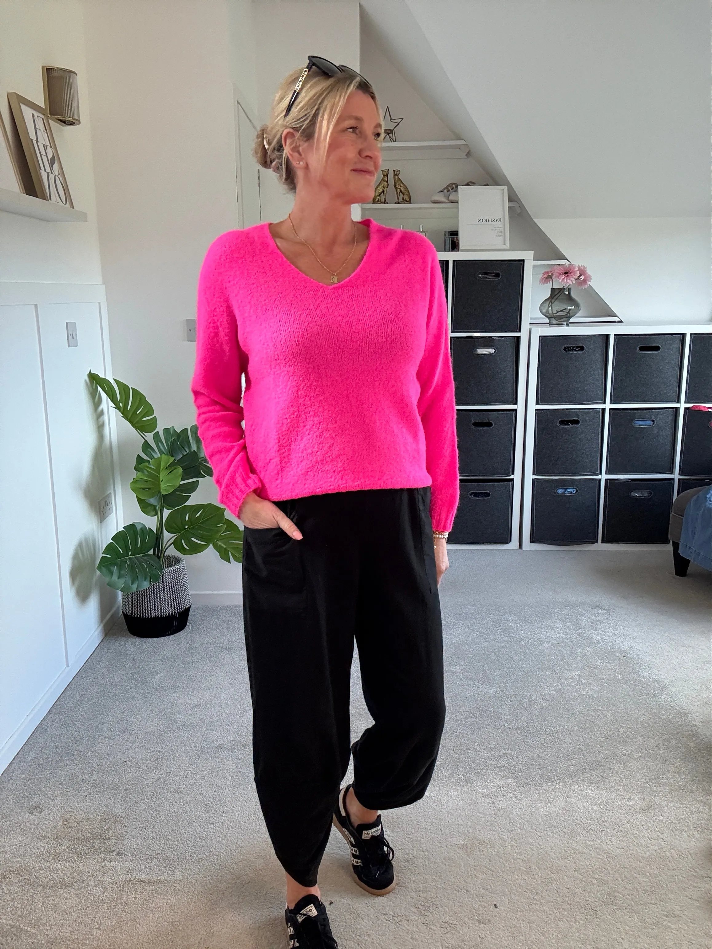 Neon Pink V Neck Fluffy Jumper