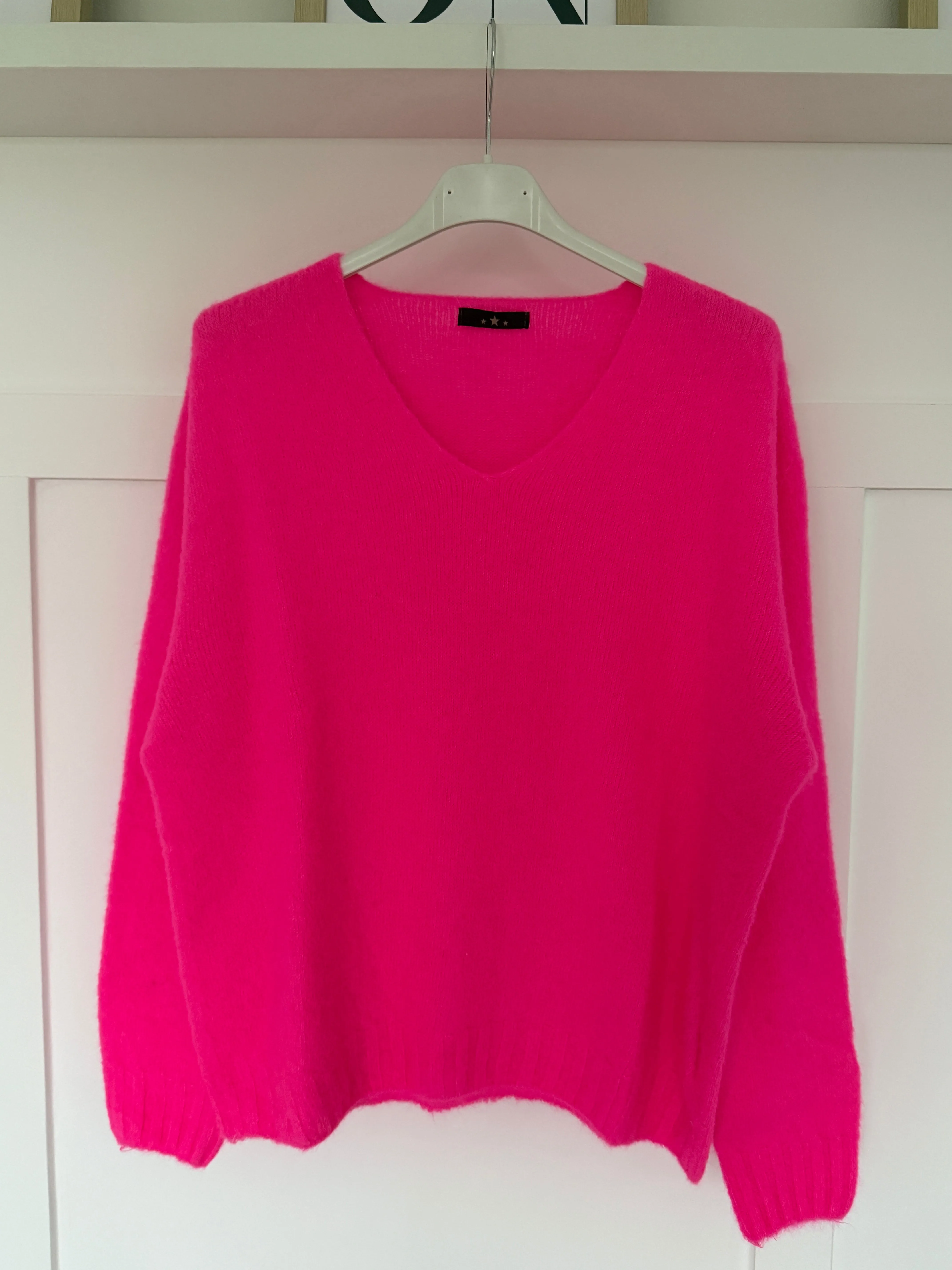 Neon Pink V Neck Fluffy Jumper