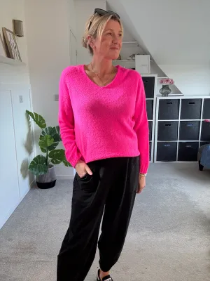 Neon Pink V Neck Fluffy Jumper