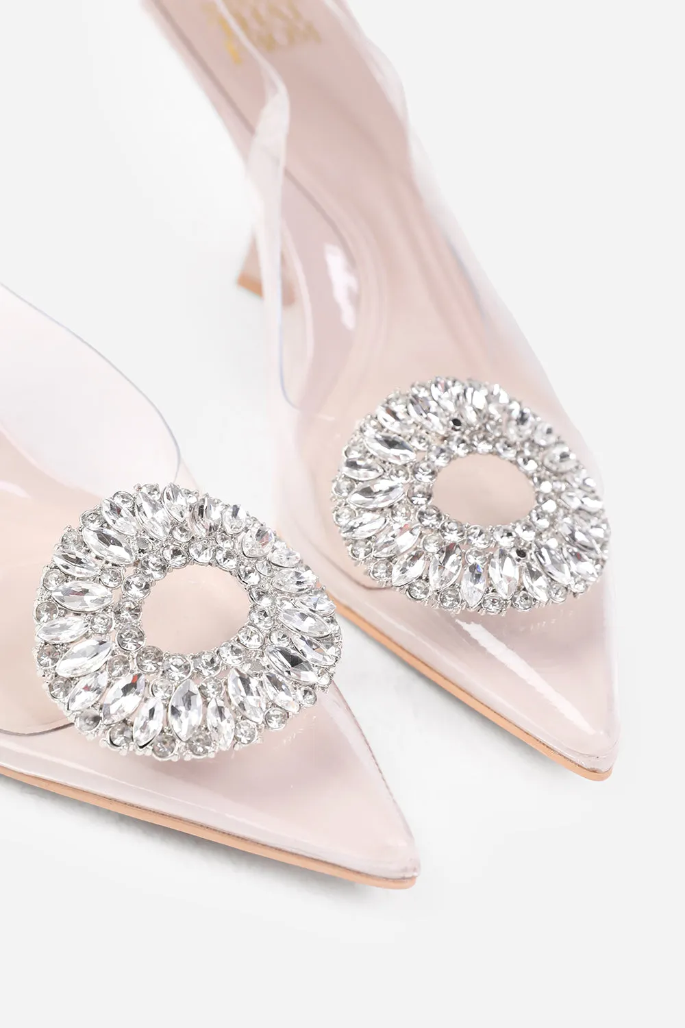 OPAL PERSPEX LOW HEEL SANDALS WITH EMBELLISHED DETAIL IN NUDE FAUX LEATHER