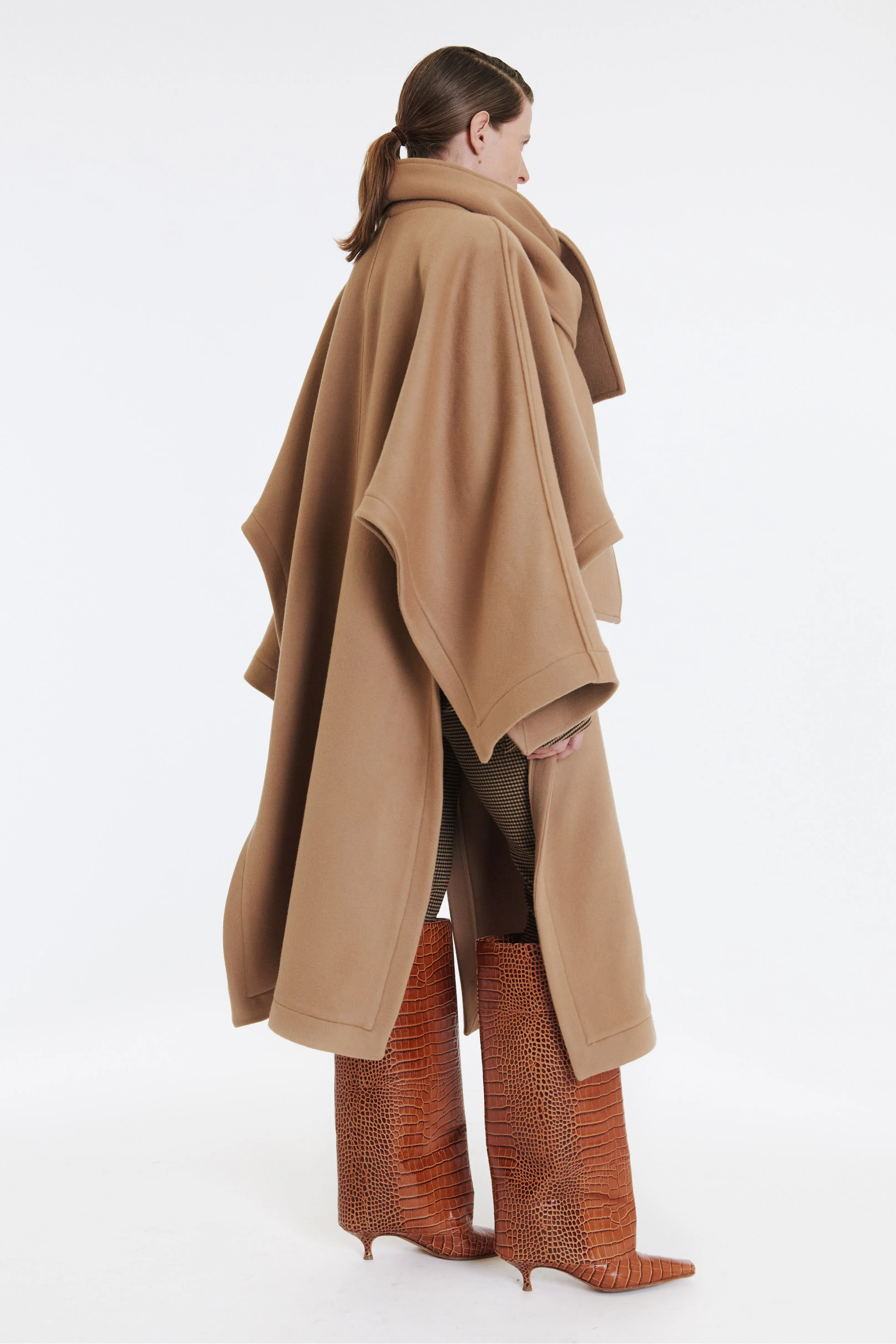 Open Sleeve Poncho Coat With Scarf Detail Beige