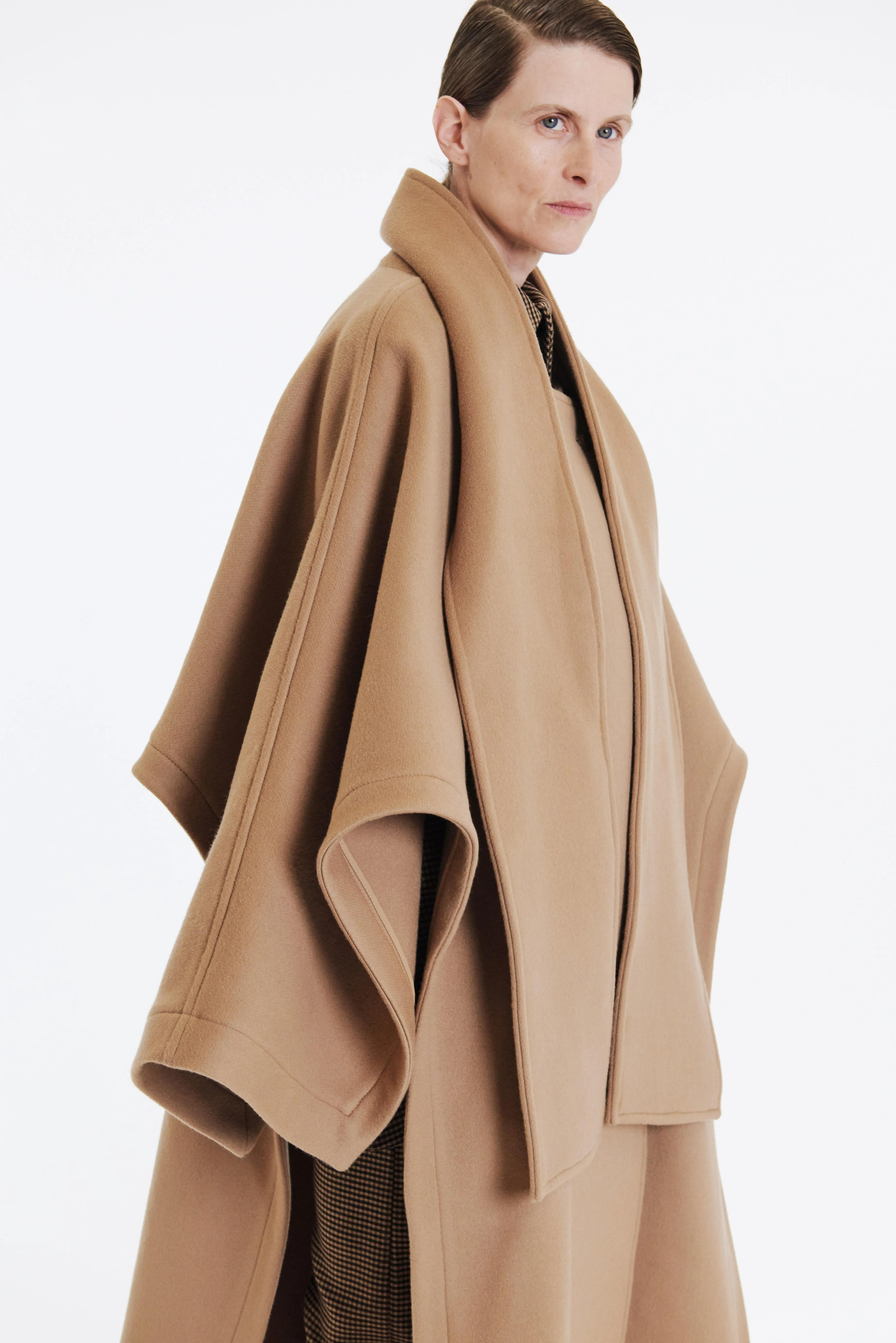 Open Sleeve Poncho Coat With Scarf Detail Beige