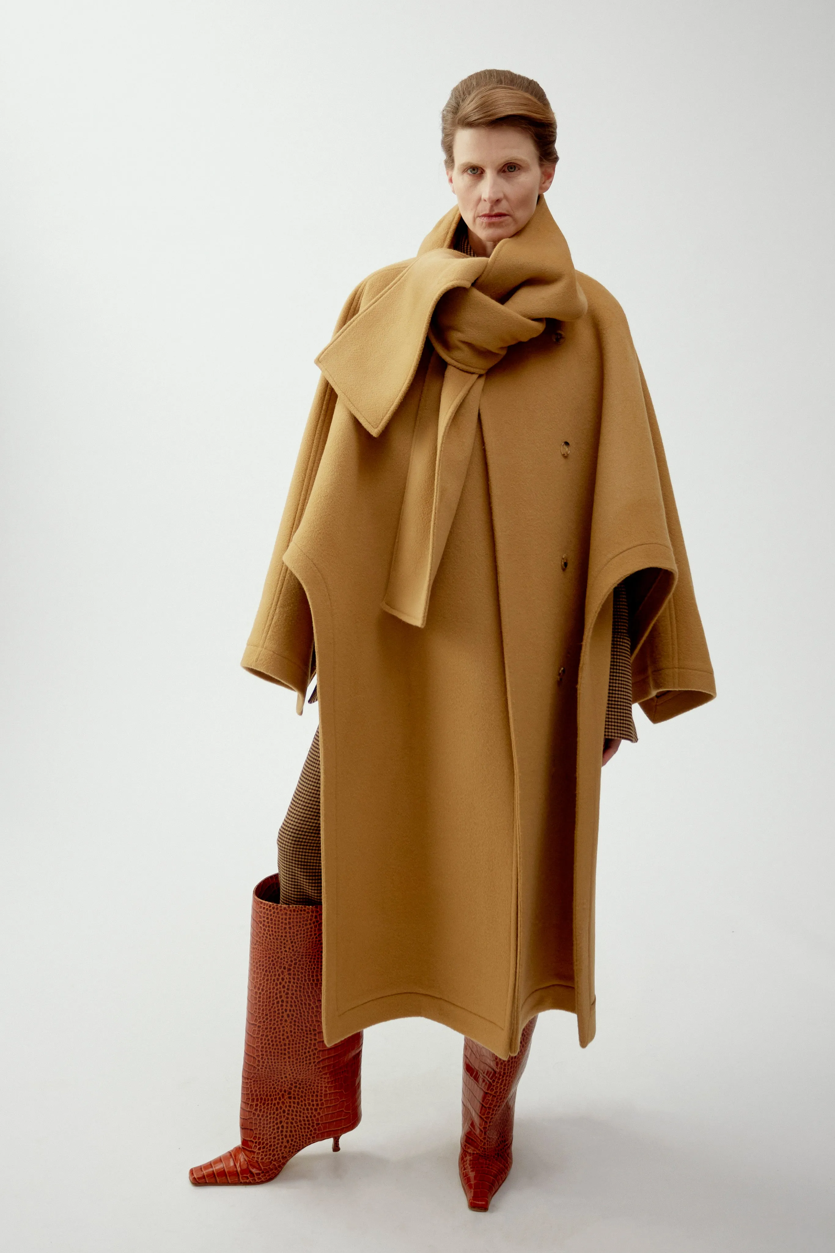 Open Sleeve Poncho Coat With Scarf Detail Beige