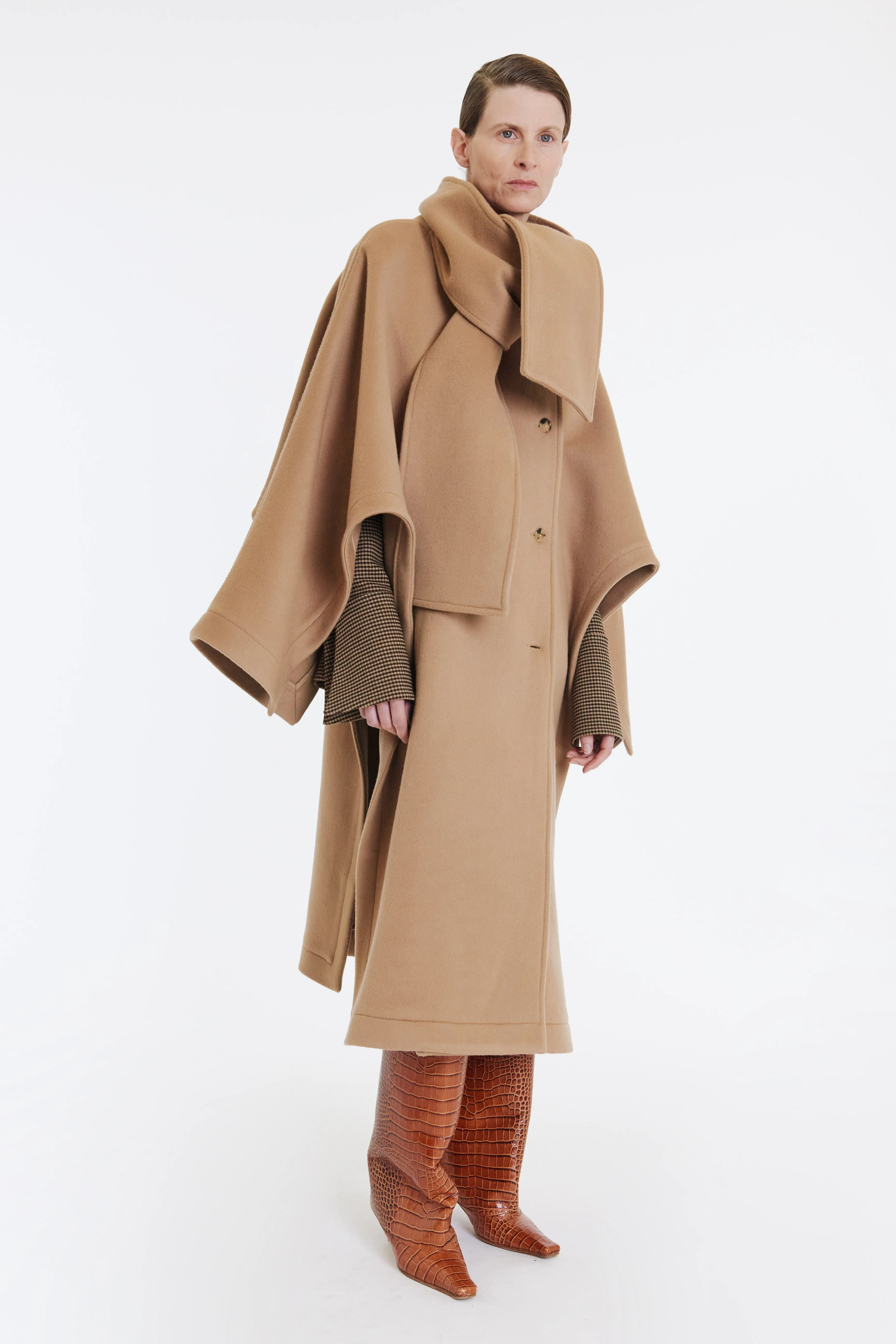 Open Sleeve Poncho Coat With Scarf Detail Beige