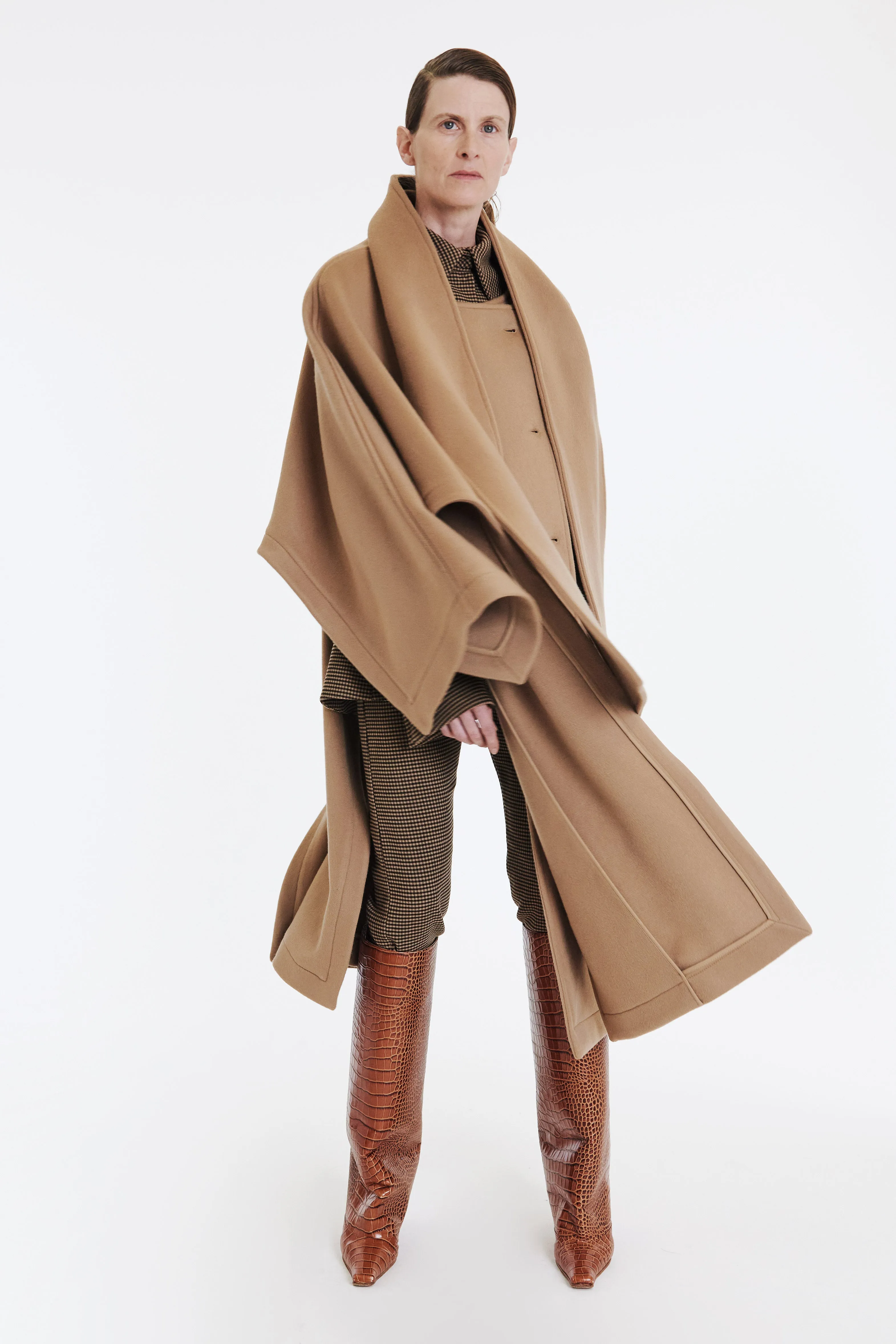 Open Sleeve Poncho Coat With Scarf Detail Beige