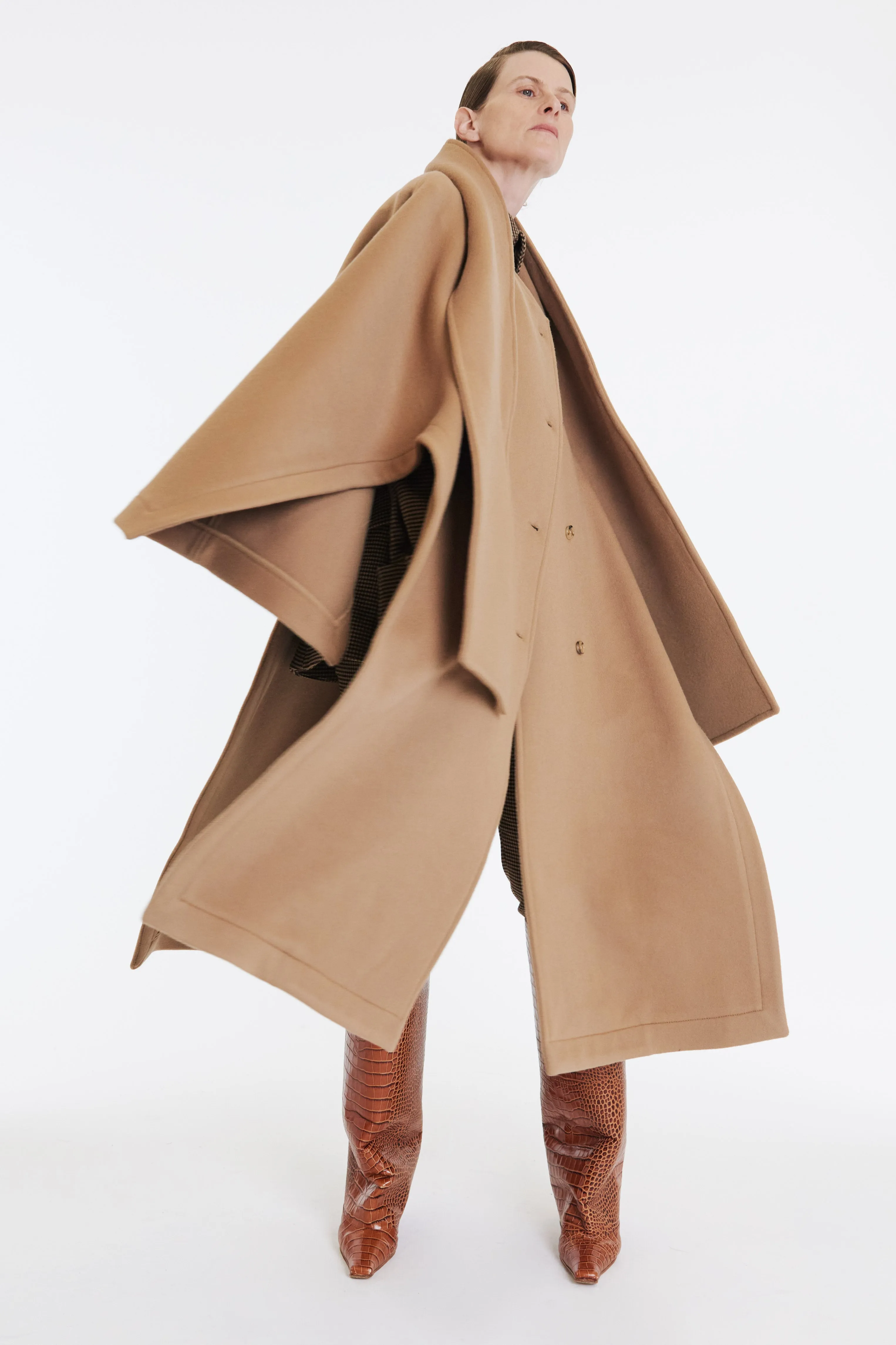 Open Sleeve Poncho Coat With Scarf Detail Beige