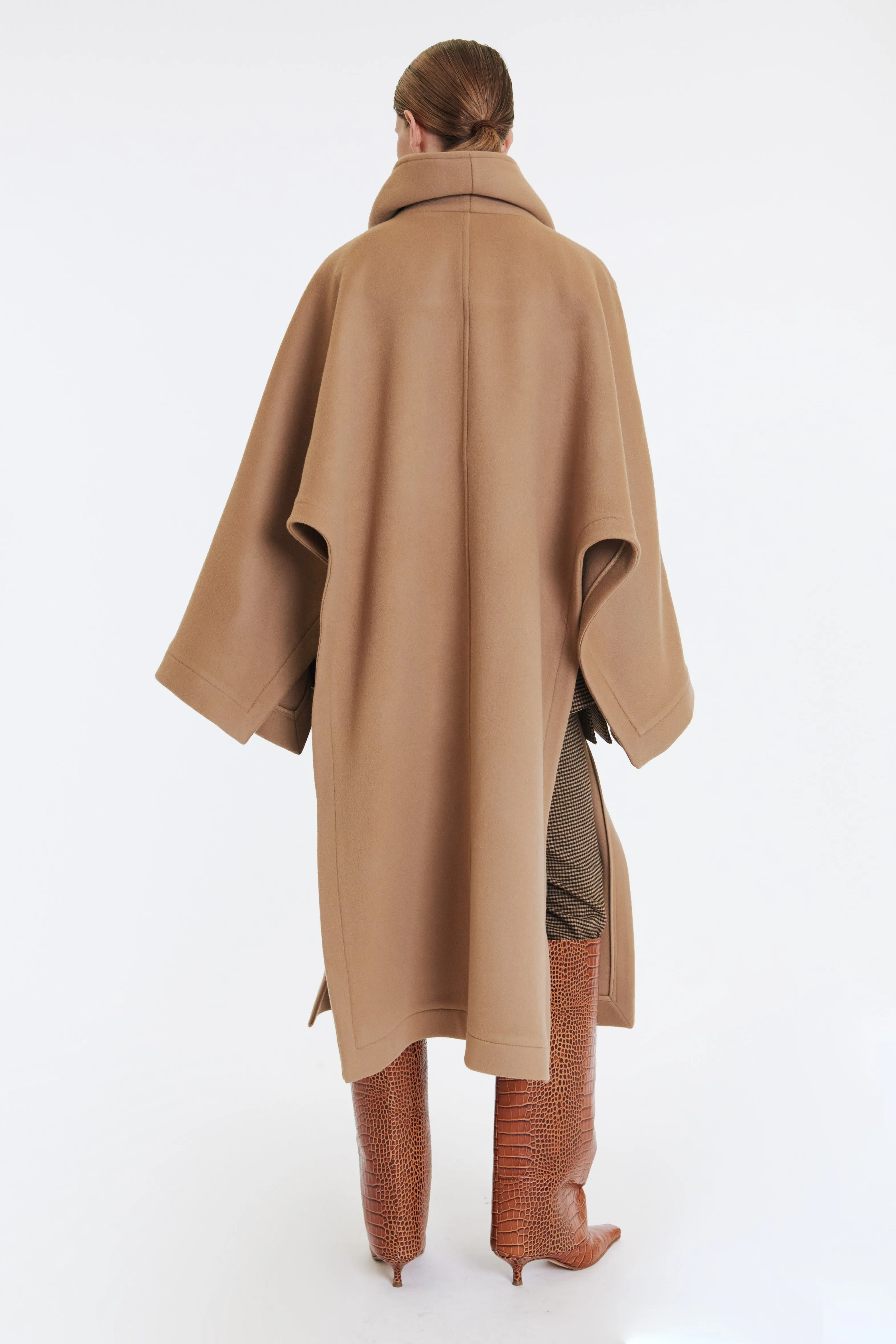 Open Sleeve Poncho Coat With Scarf Detail Beige