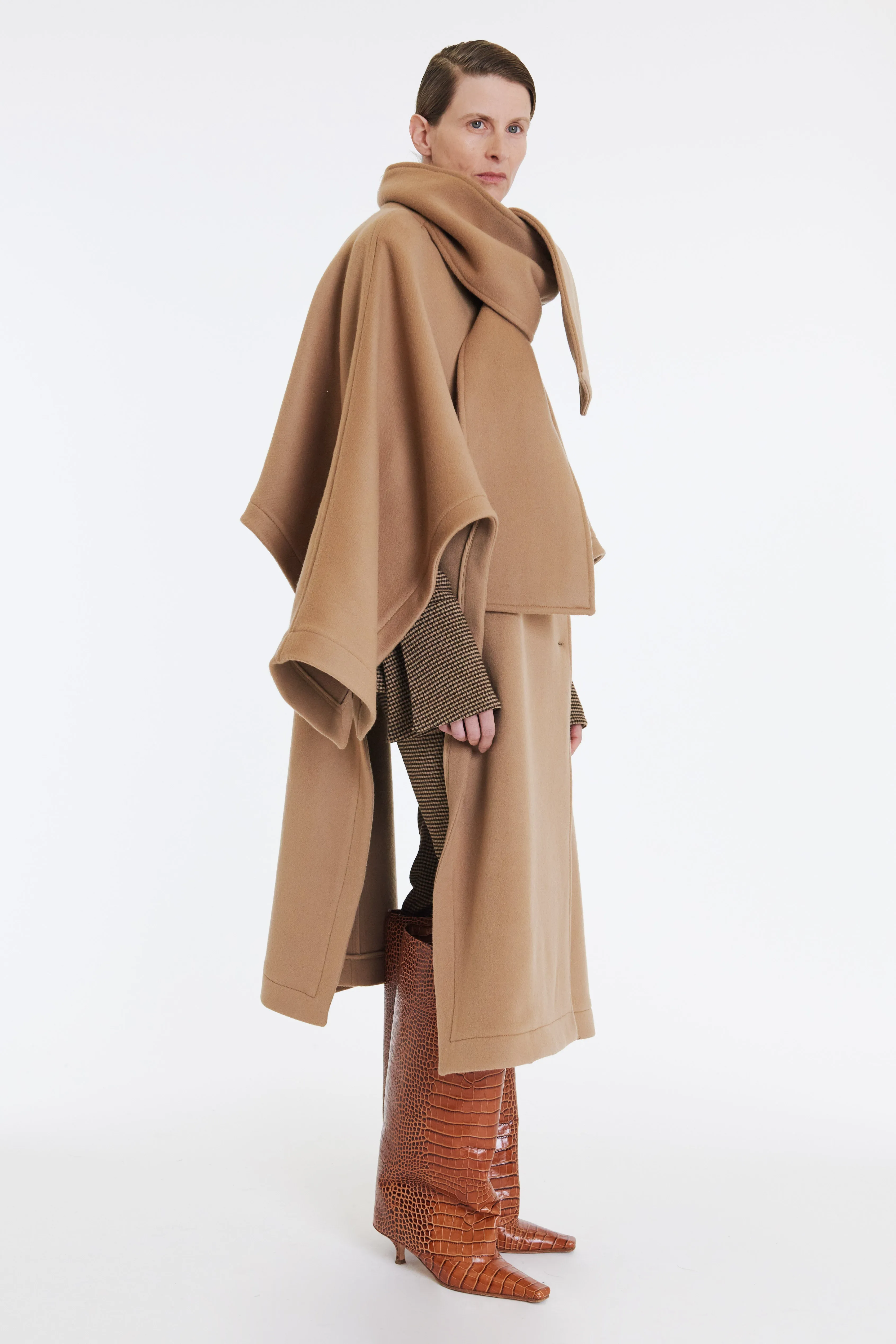 Open Sleeve Poncho Coat With Scarf Detail Beige