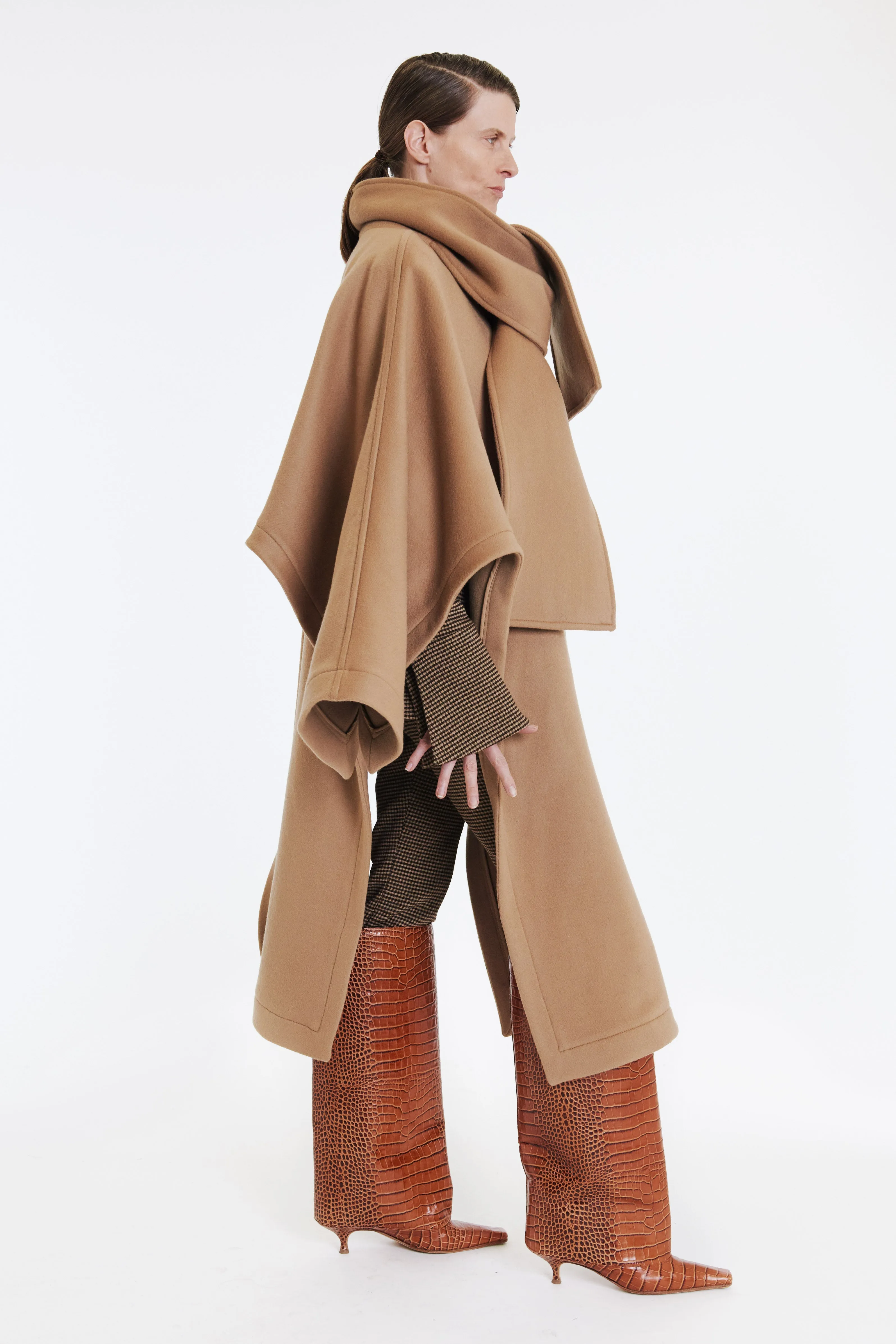 Open Sleeve Poncho Coat With Scarf Detail Beige