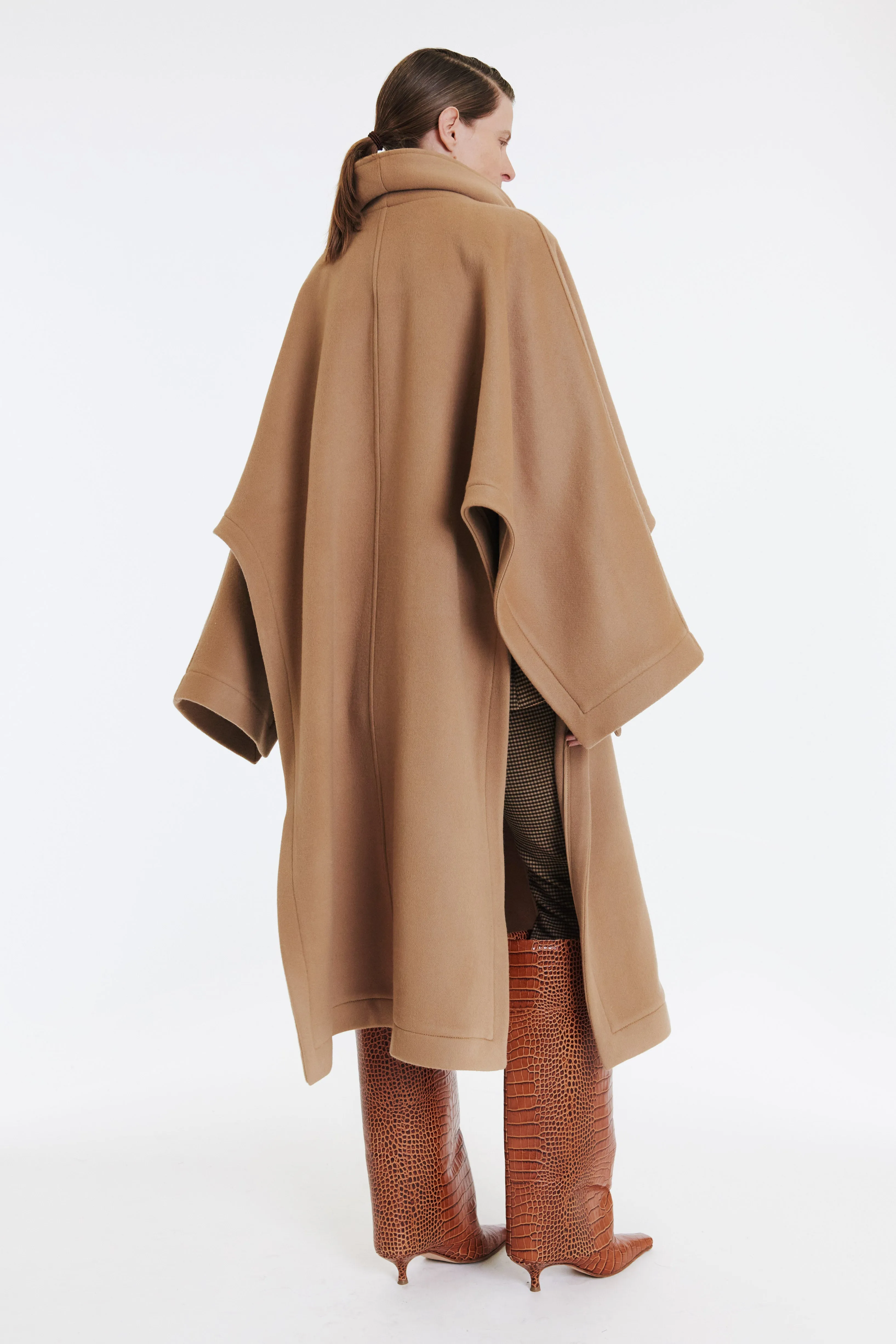 Open Sleeve Poncho Coat With Scarf Detail Beige