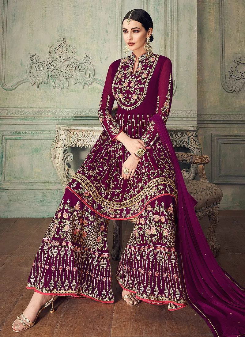 Plum Purple All Ethnic Embroidered Anarkali Gharara Suit