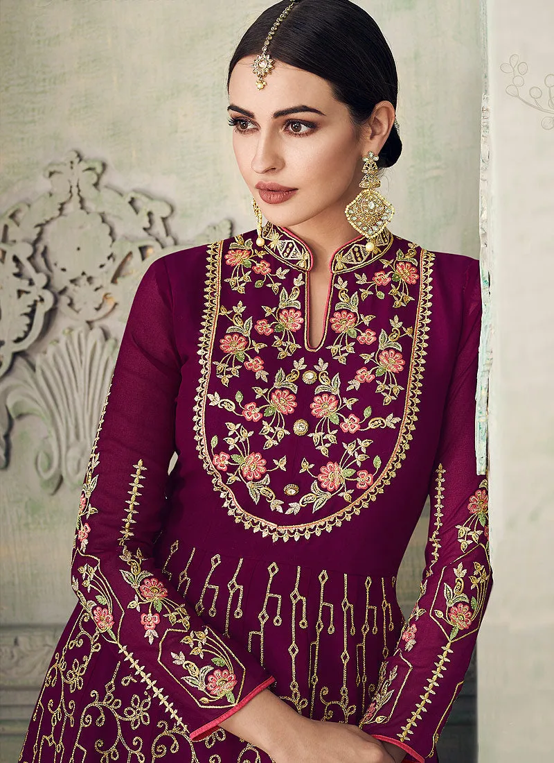 Plum Purple All Ethnic Embroidered Anarkali Gharara Suit