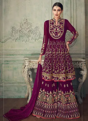 Plum Purple All Ethnic Embroidered Anarkali Gharara Suit
