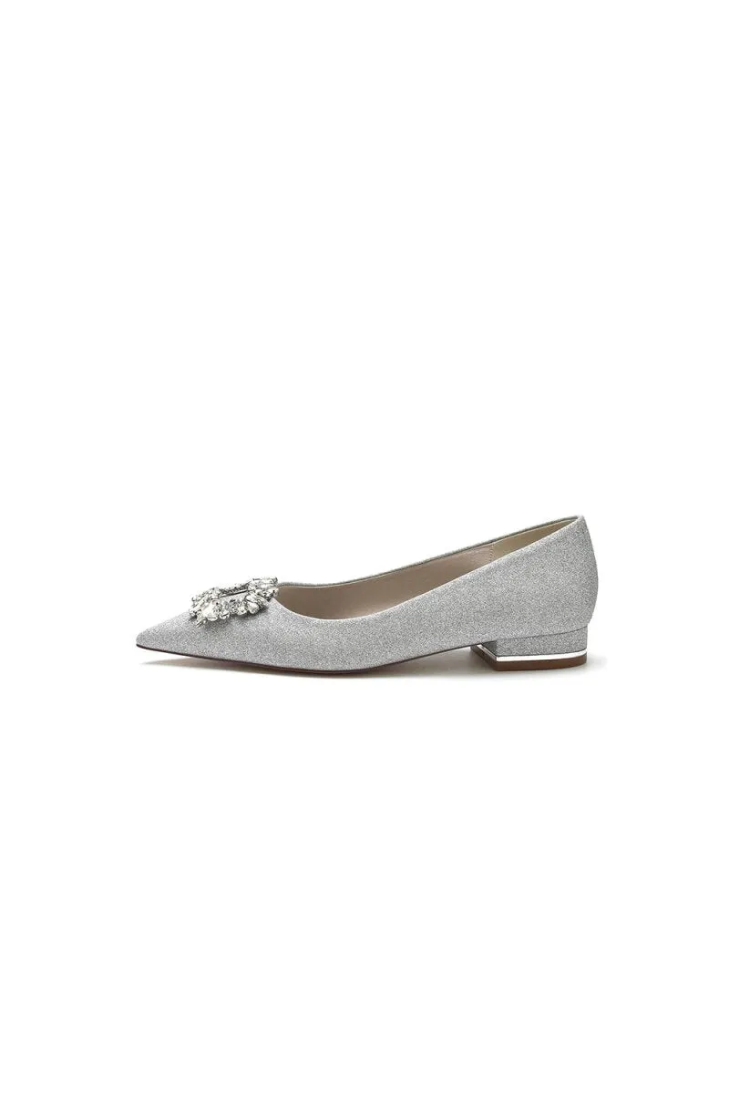 Pointed Toe Glitter Wedding Low Heels With Rhinestone