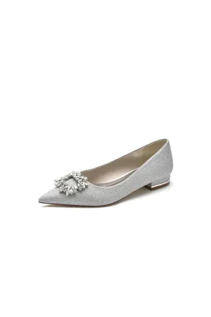 Pointed Toe Glitter Wedding Low Heels With Rhinestone